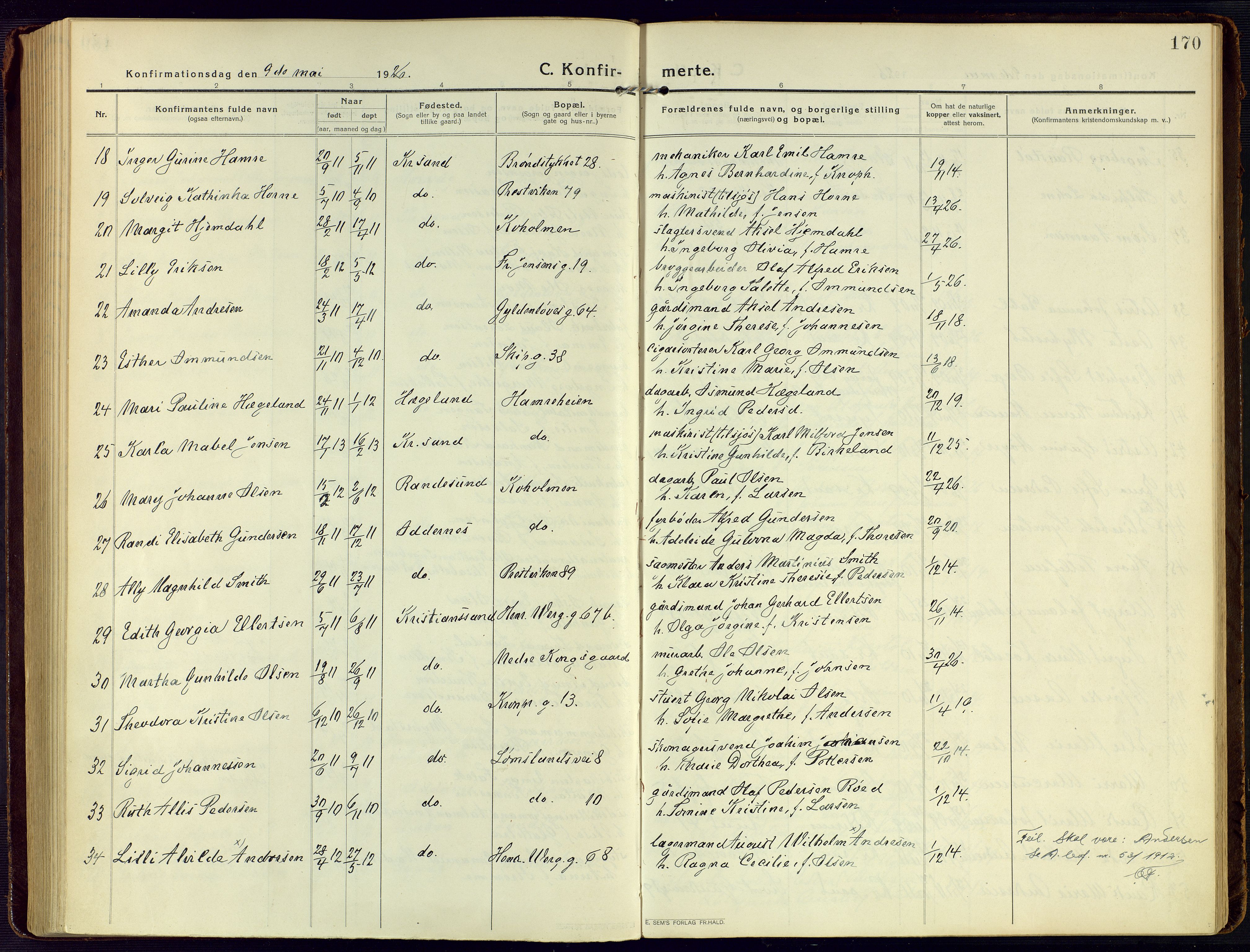 Kristiansand domprosti, SAK/1112-0006/F/Fa/L0026: Parish register (official) no. A 25, 1916-1928, p. 170