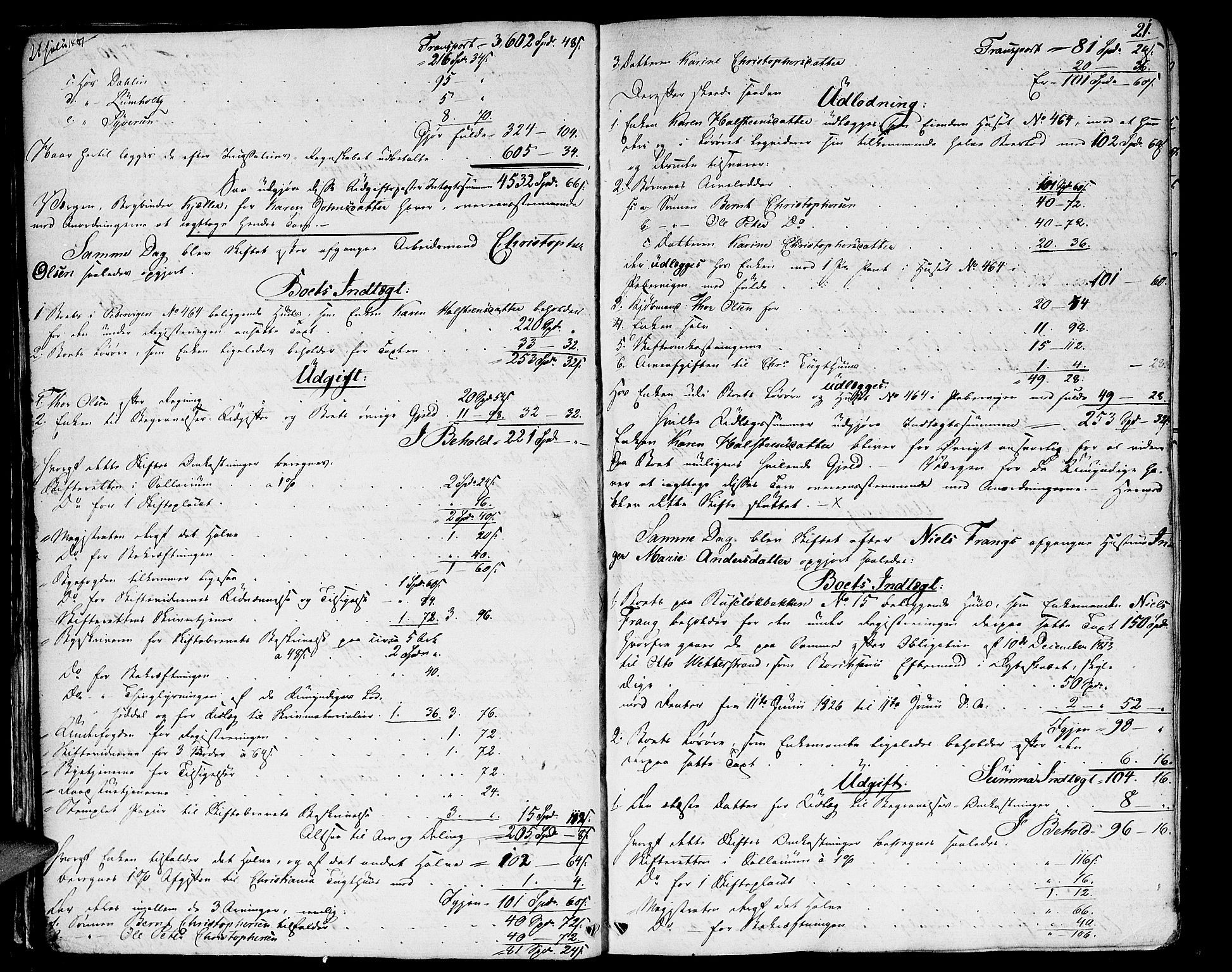 Oslo skifterett, AV/SAO-A-10383/H/Hd/Hda/L0001a: Skifteutlodningsprotokoll, 1827-1839, p. 20b-21a