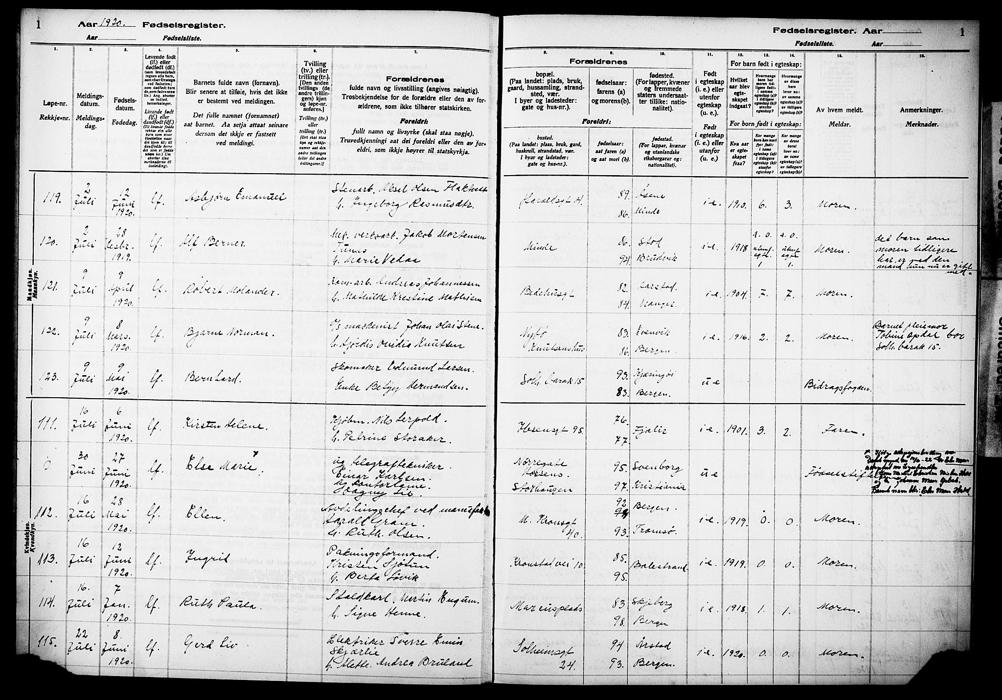 Årstad Sokneprestembete, SAB/A-79301/I/Id/L0A02: Birth register no. A 2, 1920-1924, p. 1