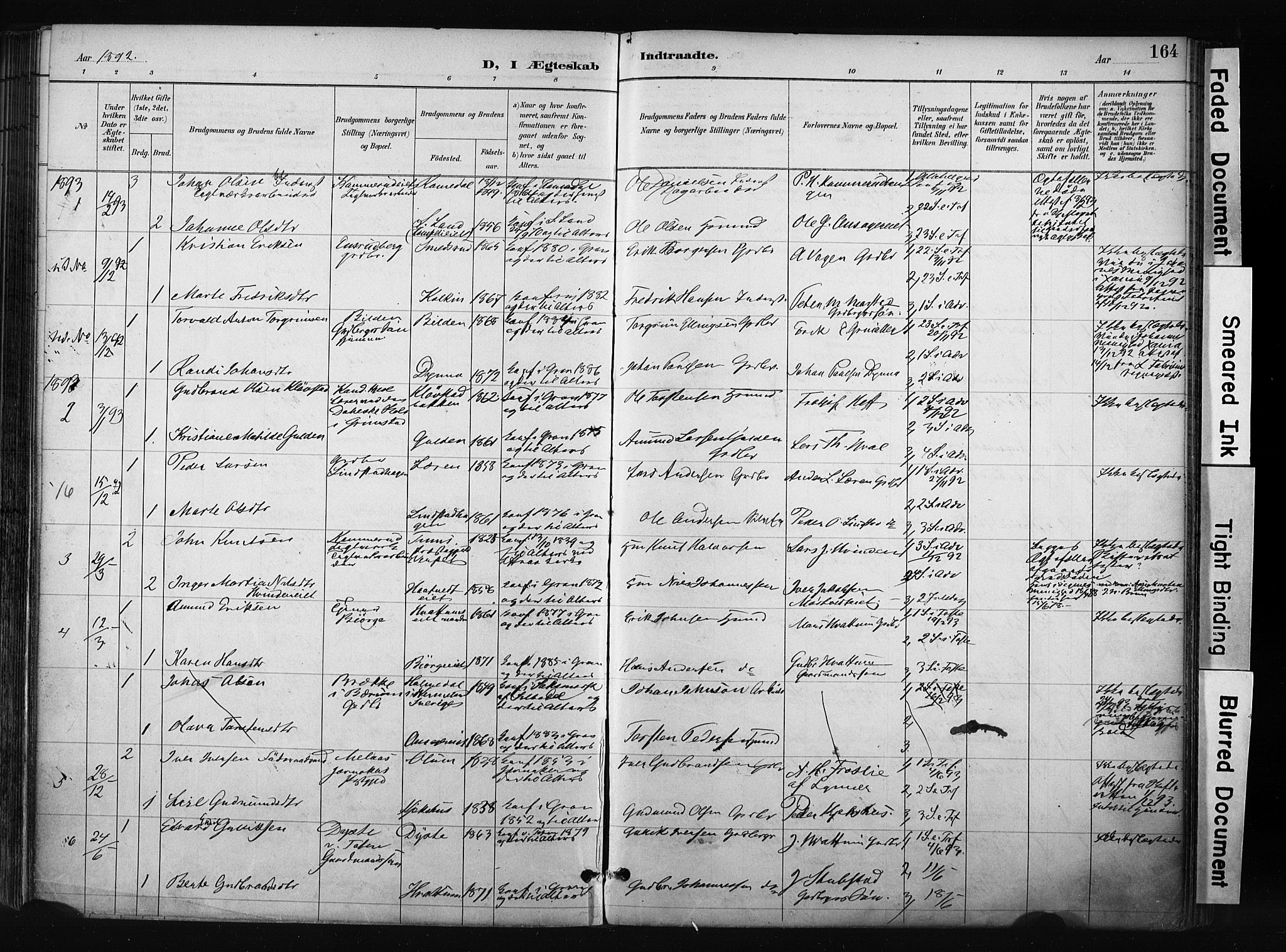 Gran prestekontor, SAH/PREST-112/H/Ha/Haa/L0017: Parish register (official) no. 17, 1889-1897, p. 164