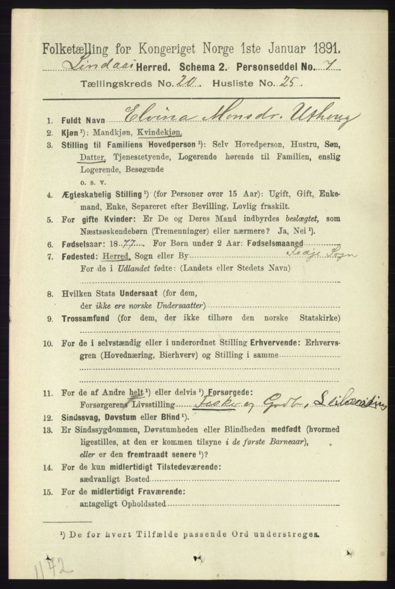 RA, 1891 census for 1263 Lindås, 1891, p. 7502