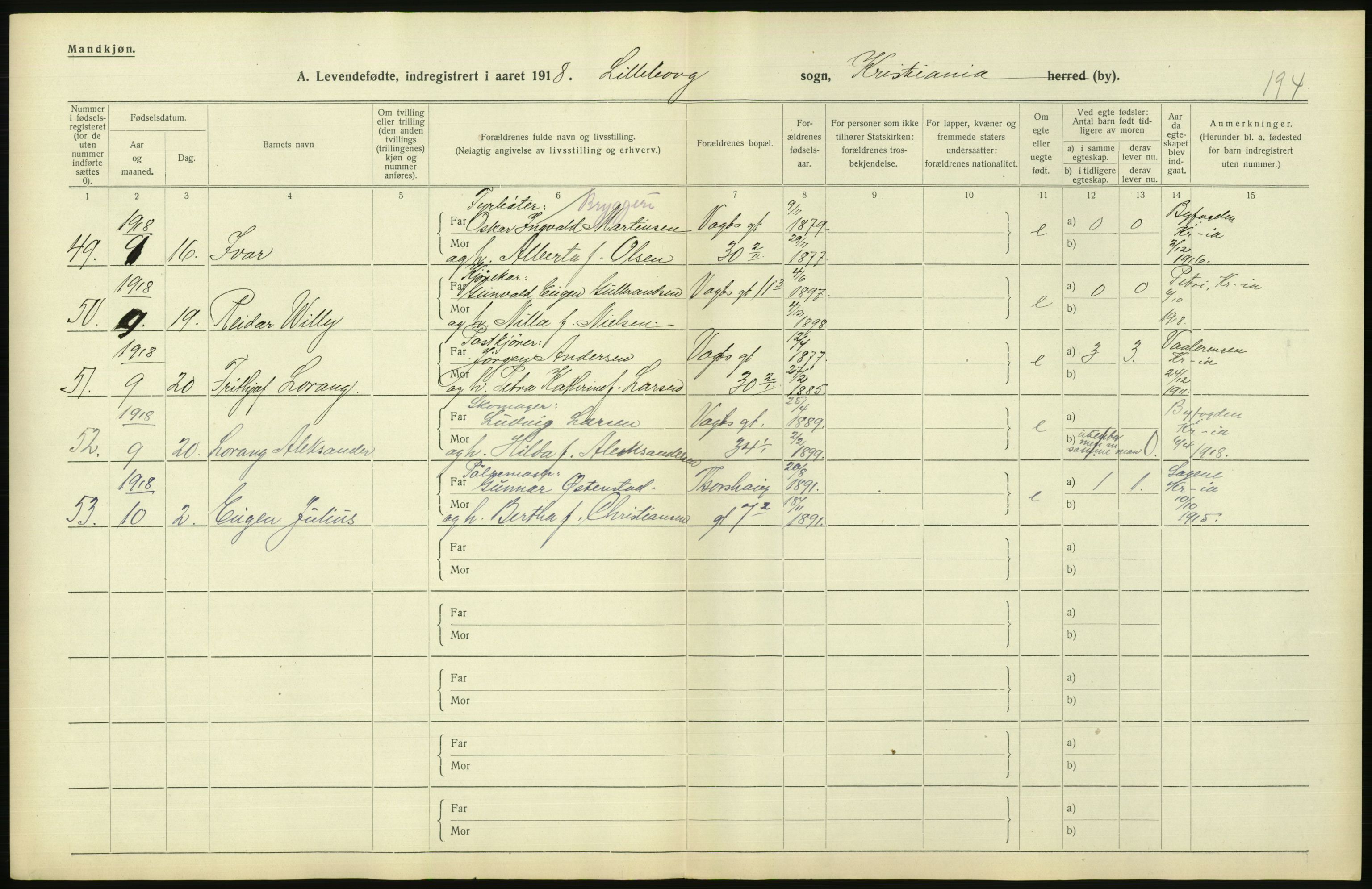 Statistisk sentralbyrå, Sosiodemografiske emner, Befolkning, AV/RA-S-2228/D/Df/Dfb/Dfbh/L0008: Kristiania: Levendefødte menn og kvinner., 1918, p. 872