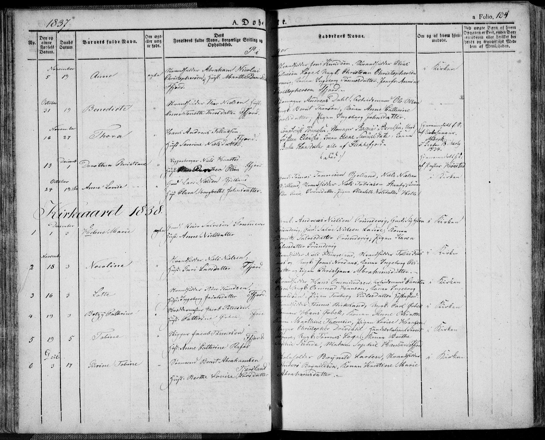 Flekkefjord sokneprestkontor, AV/SAK-1111-0012/F/Fa/Fac/L0003: Parish register (official) no. A 3, 1826-1841, p. 104