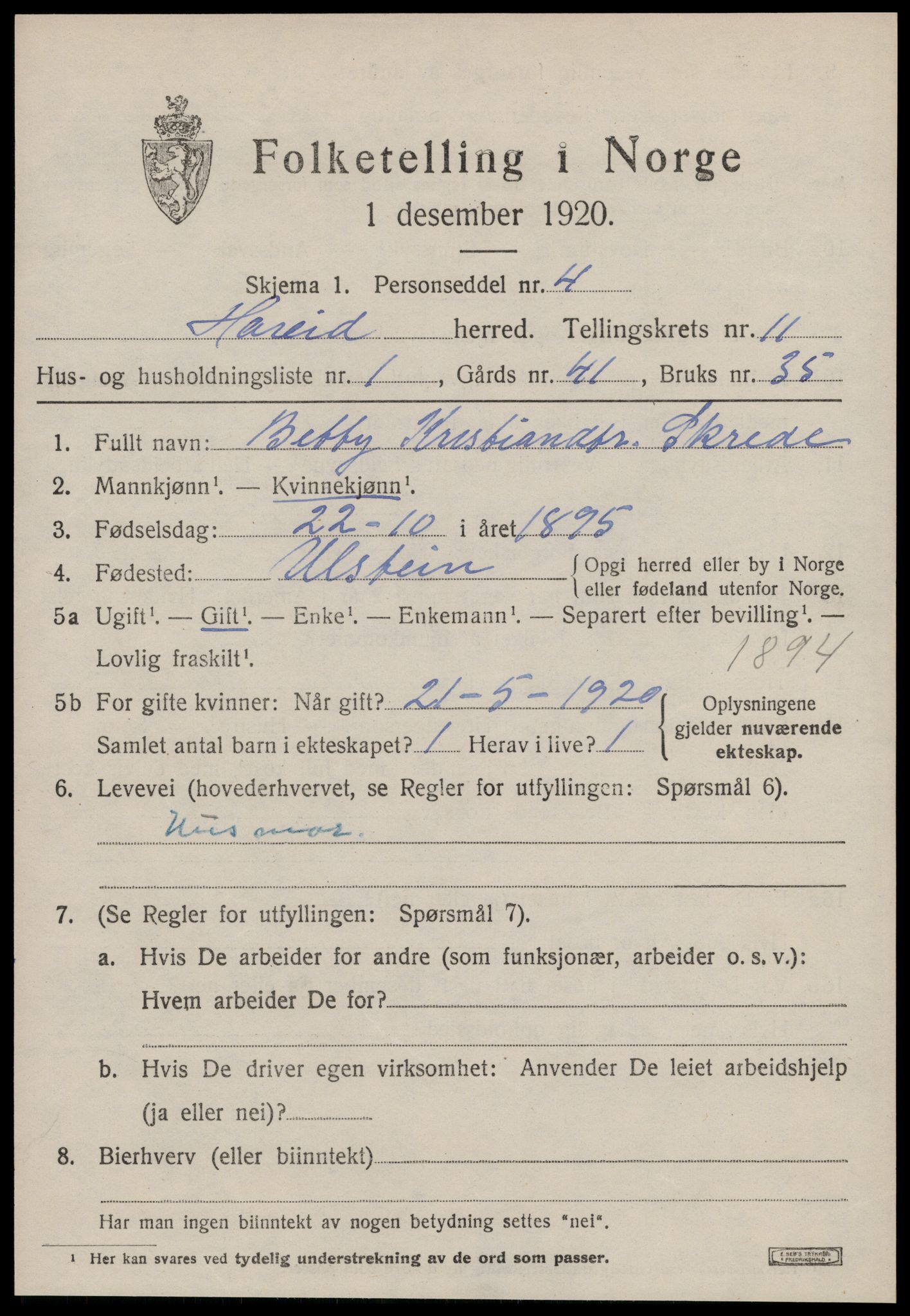 SAT, 1920 census for Hareid, 1920, p. 3989