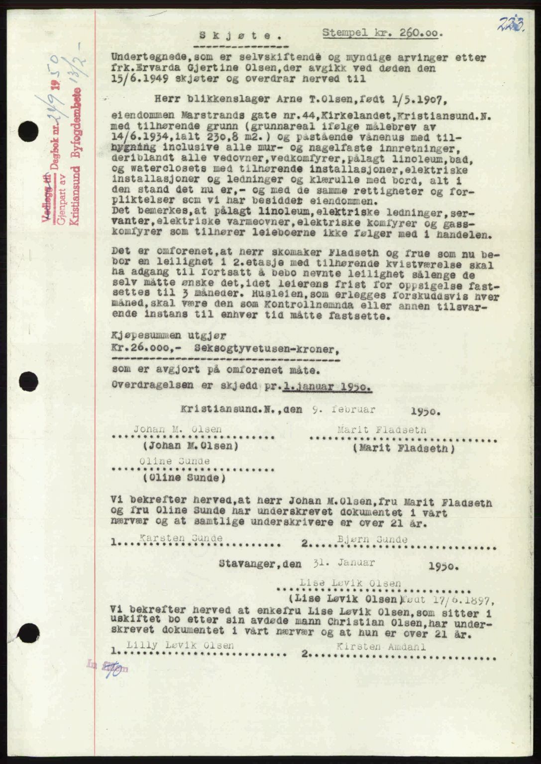 Kristiansund byfogd, AV/SAT-A-4587/A/27: Mortgage book no. 46, 1949-1950, Diary no: : 249/1950