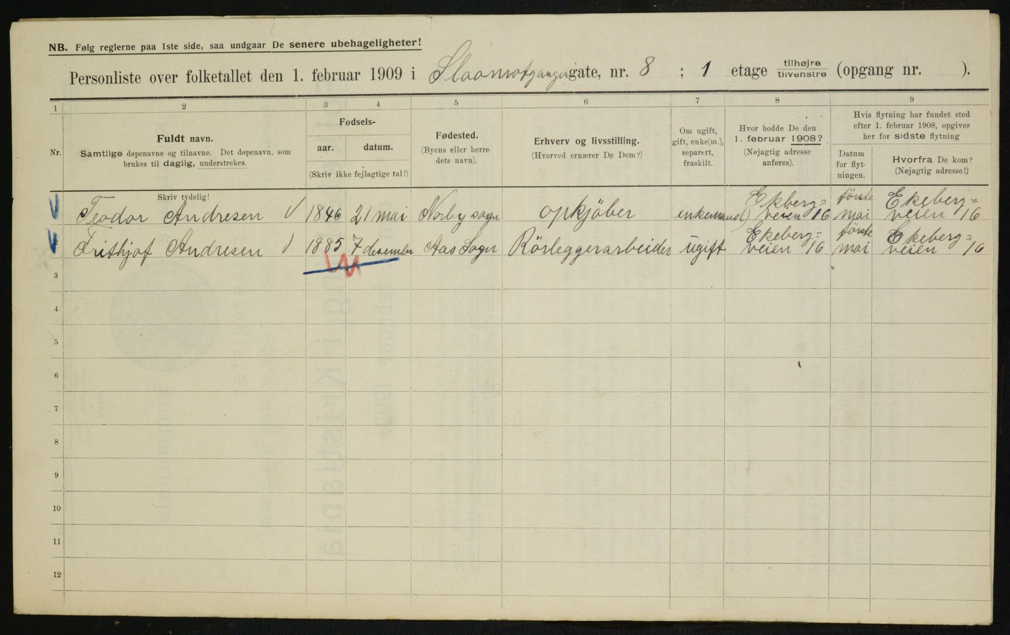 OBA, Municipal Census 1909 for Kristiania, 1909, p. 87956