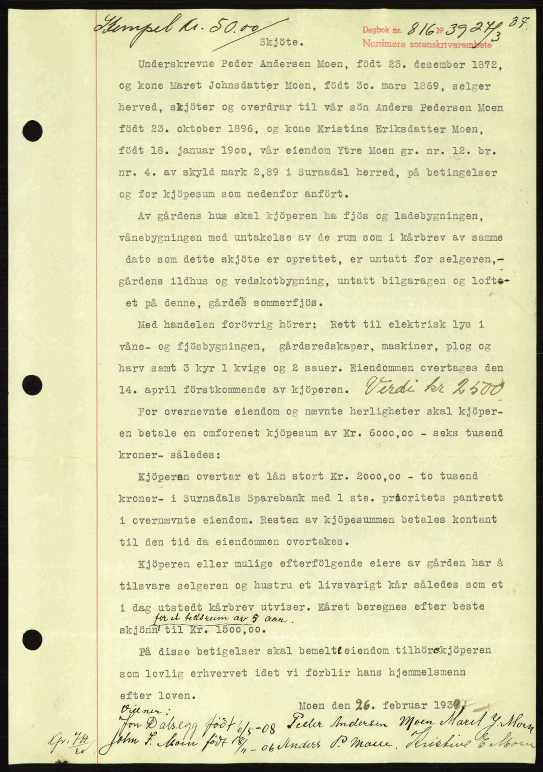 Nordmøre sorenskriveri, SAT/A-4132/1/2/2Ca: Mortgage book no. A86, 1939-1939, Diary no: : 816/1939