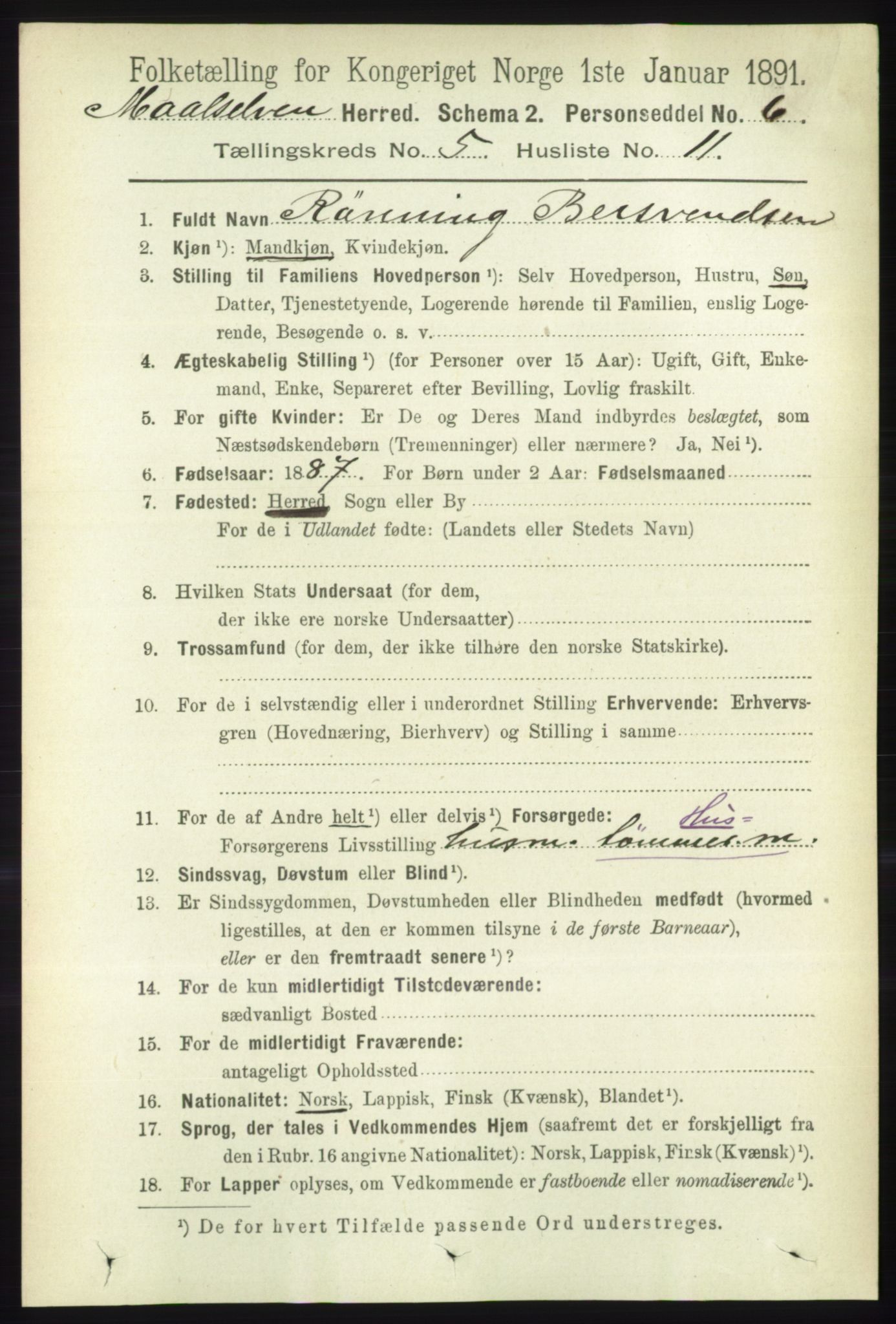 RA, 1891 census for 1924 Målselv, 1891, p. 1701
