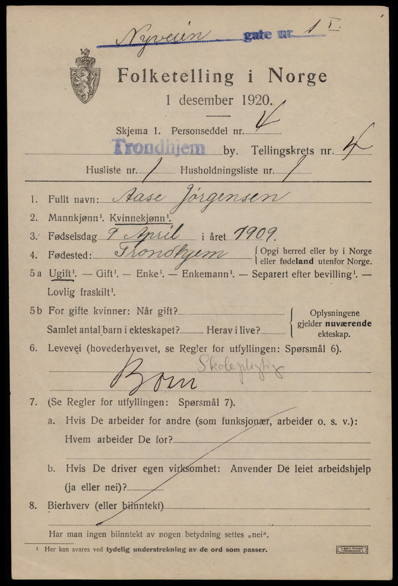 SAT, 1920 census for Trondheim, 1920, p. 36902