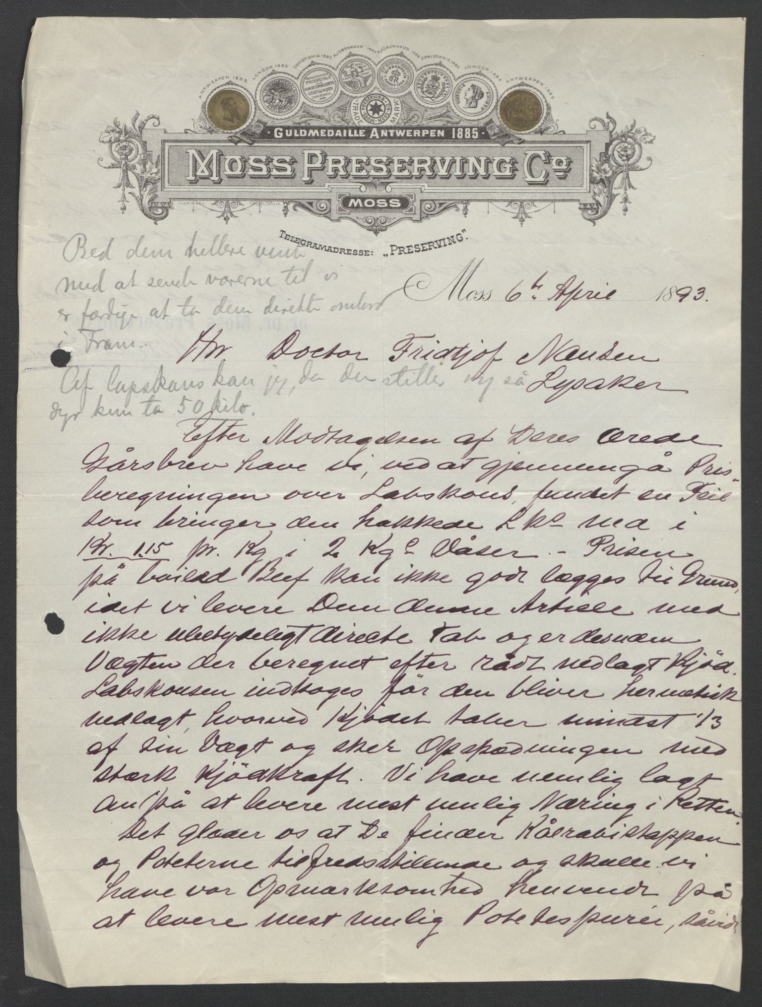 Arbeidskomitéen for Fridtjof Nansens polarekspedisjon, AV/RA-PA-0061/D/L0004: Innk. brev og telegrammer vedr. proviant og utrustning, 1892-1893, p. 398