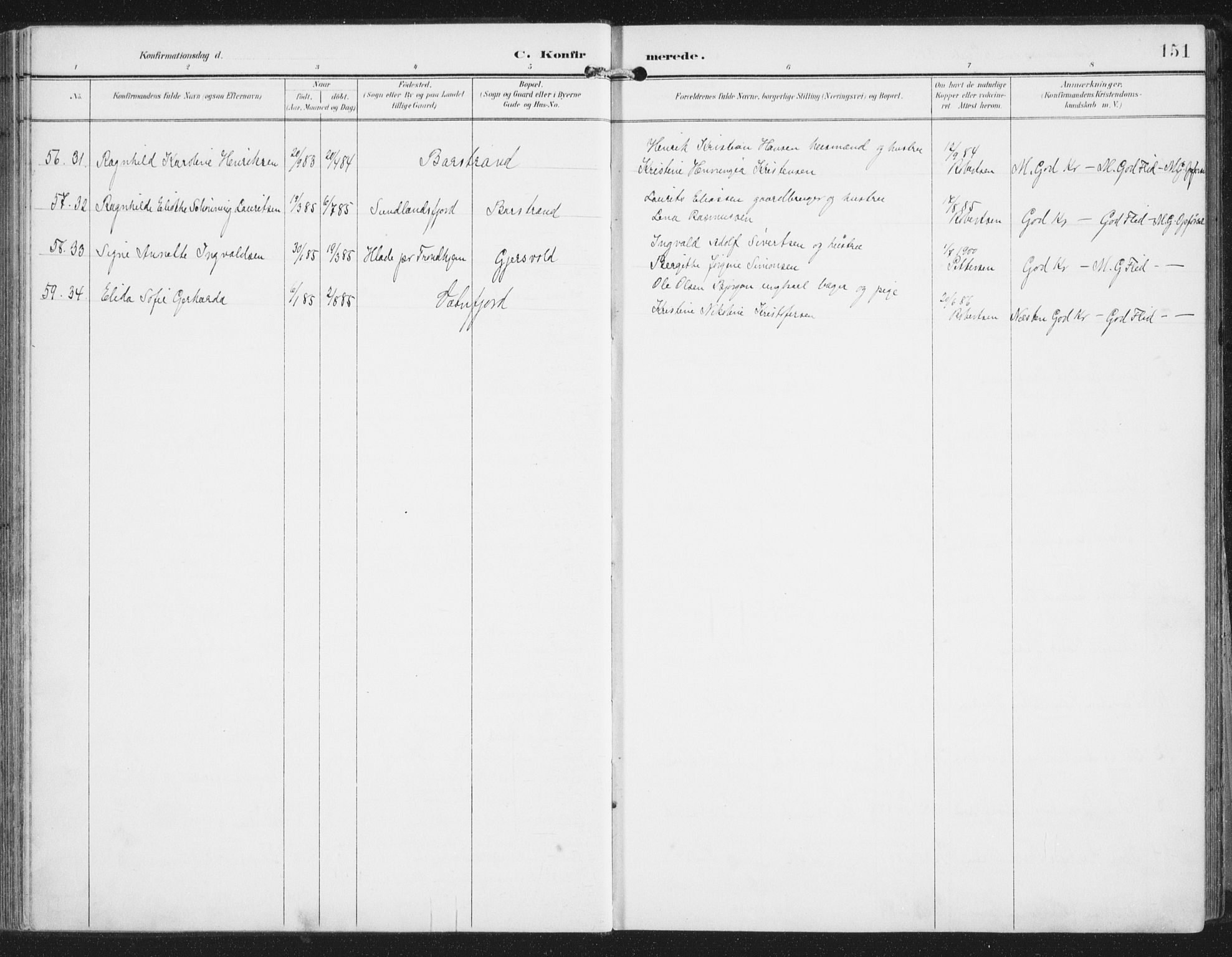 Ministerialprotokoller, klokkerbøker og fødselsregistre - Nordland, AV/SAT-A-1459/876/L1098: Parish register (official) no. 876A04, 1896-1915, p. 151