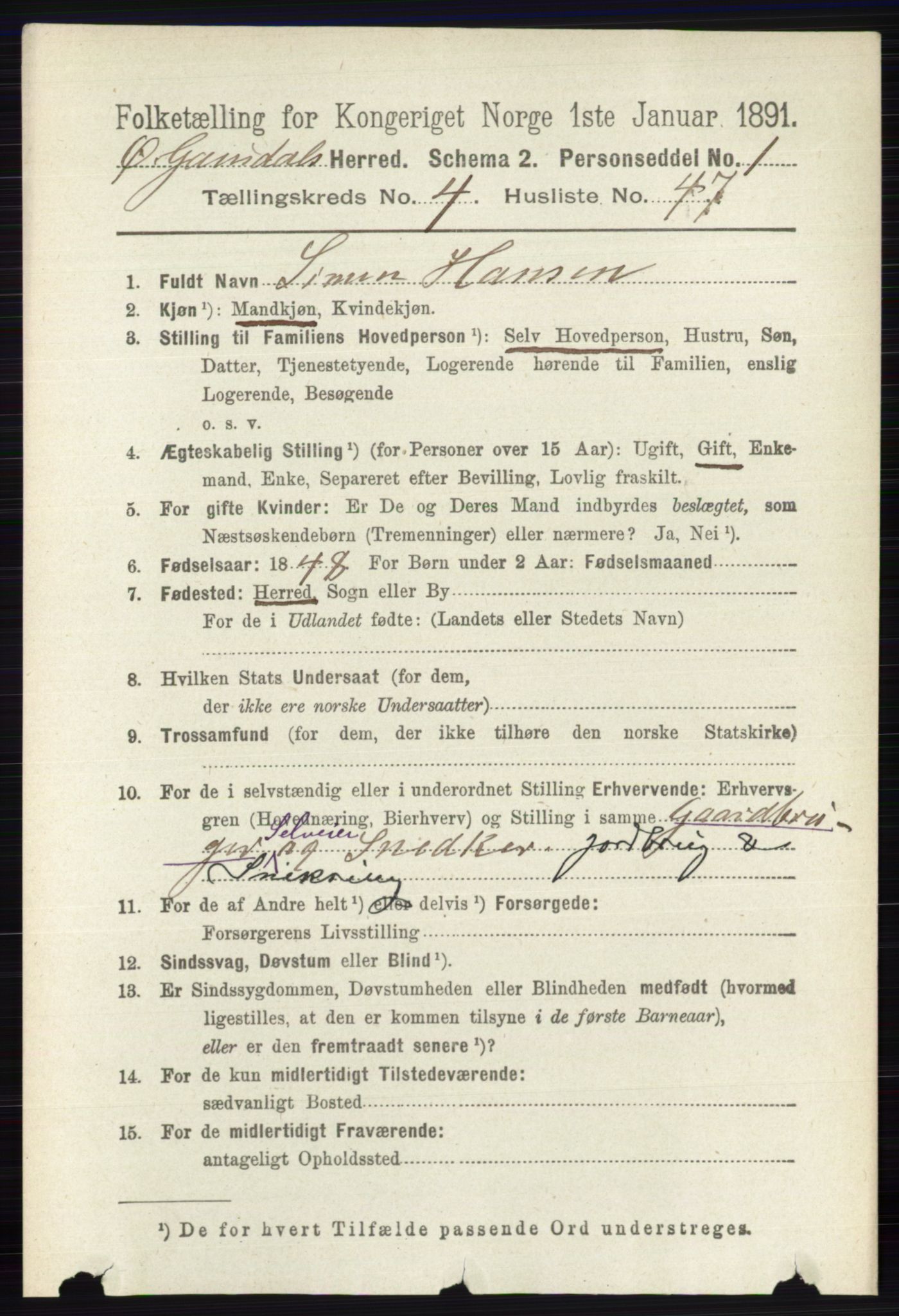 RA, 1891 census for 0522 Østre Gausdal, 1891, p. 2807
