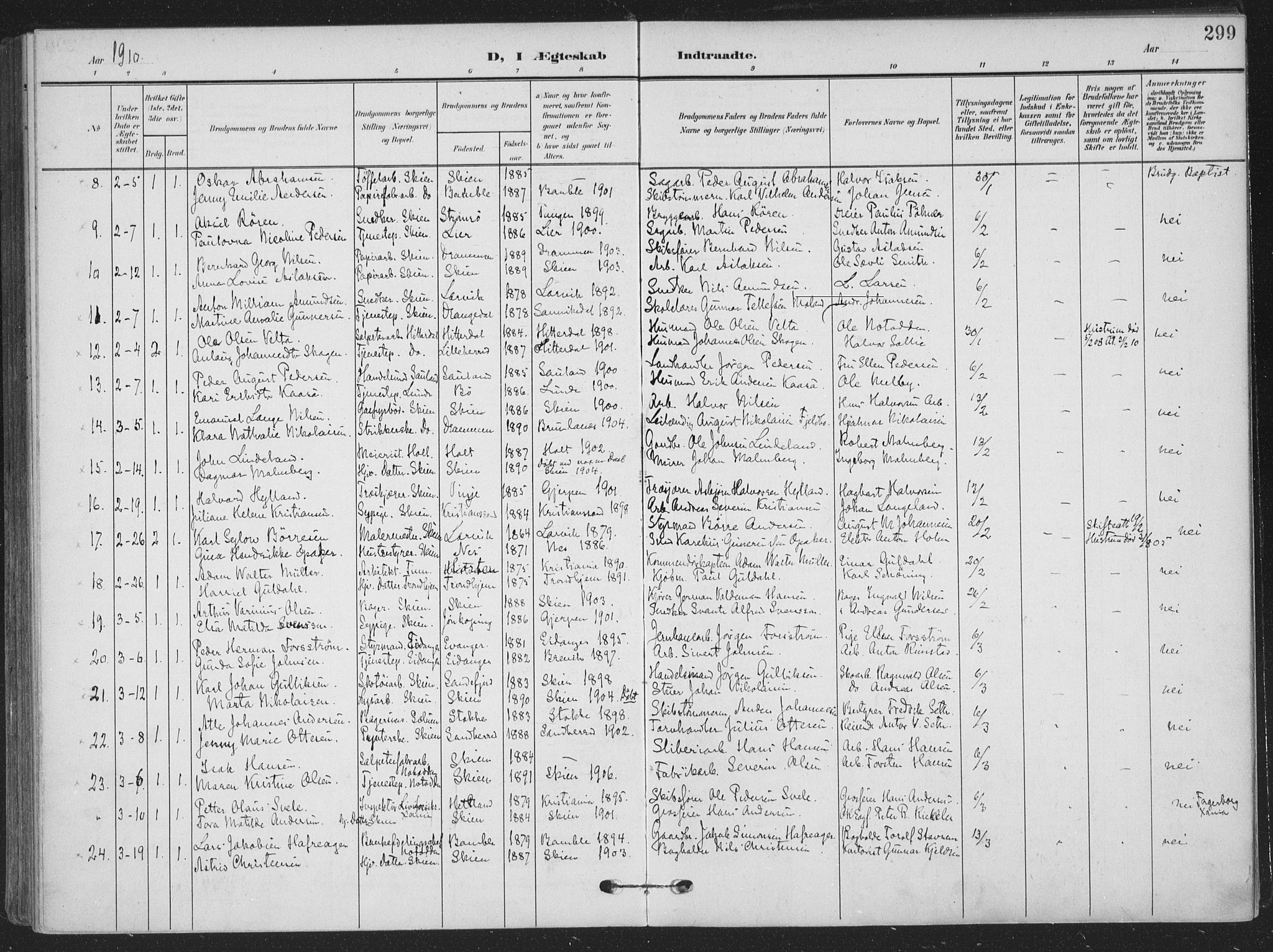 Skien kirkebøker, AV/SAKO-A-302/F/Fa/L0012: Parish register (official) no. 12, 1908-1914, p. 299
