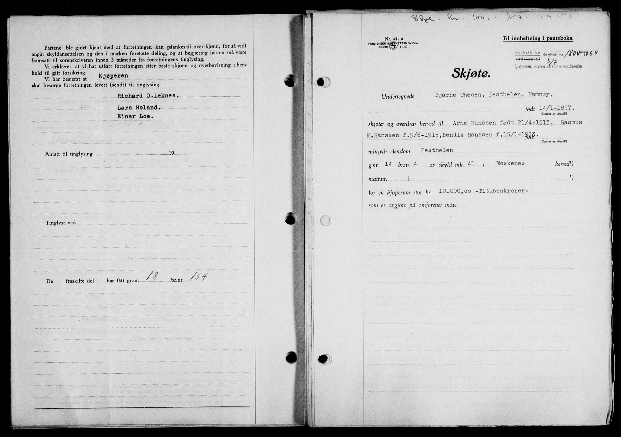 Lofoten sorenskriveri, SAT/A-0017/1/2/2C/L0024a: Mortgage book no. 24a, 1950-1950, Diary no: : 1800/1950