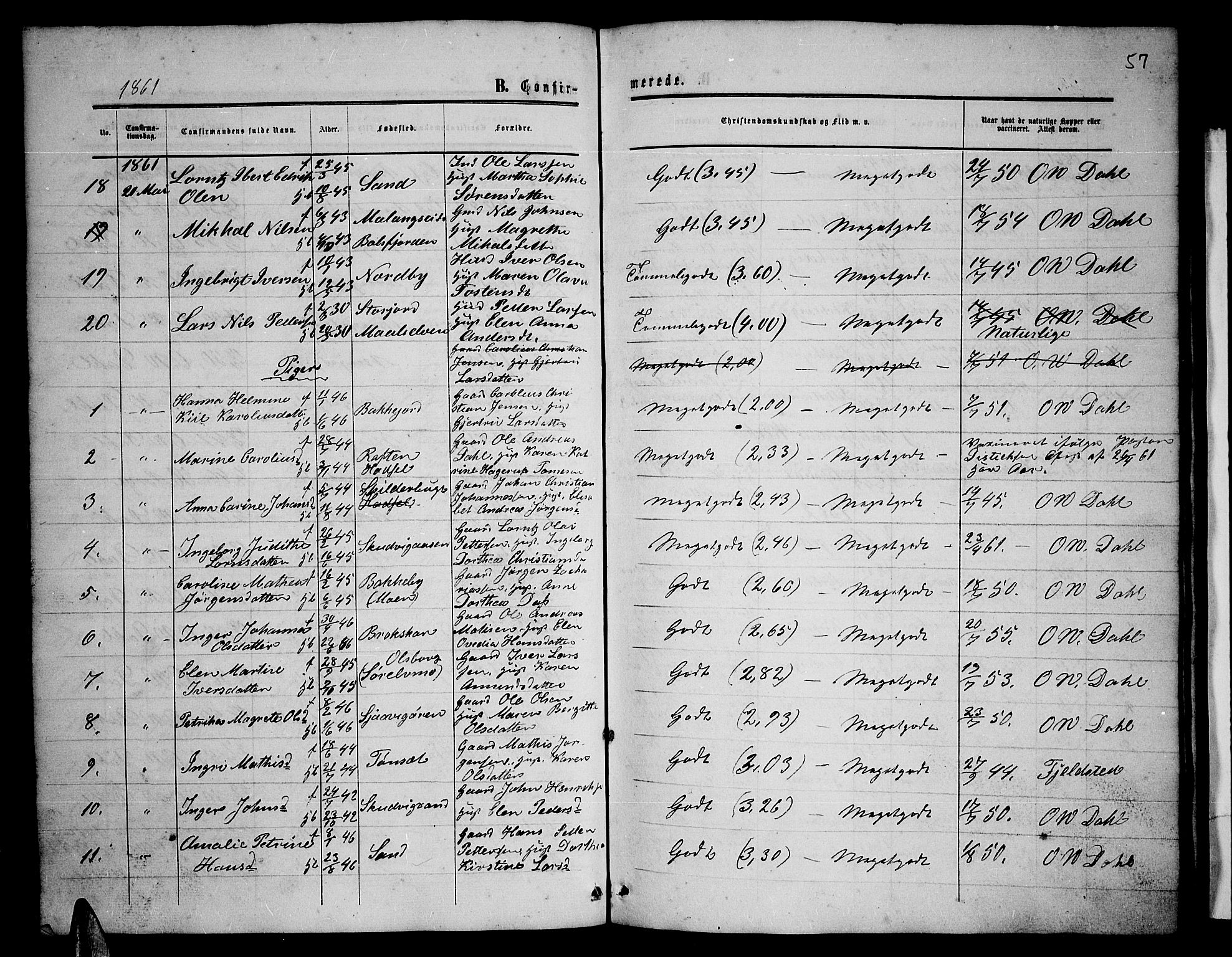 Balsfjord sokneprestembete, SATØ/S-1303/G/Ga/L0001klokker: Parish register (copy) no. 1, 1856-1869, p. 57