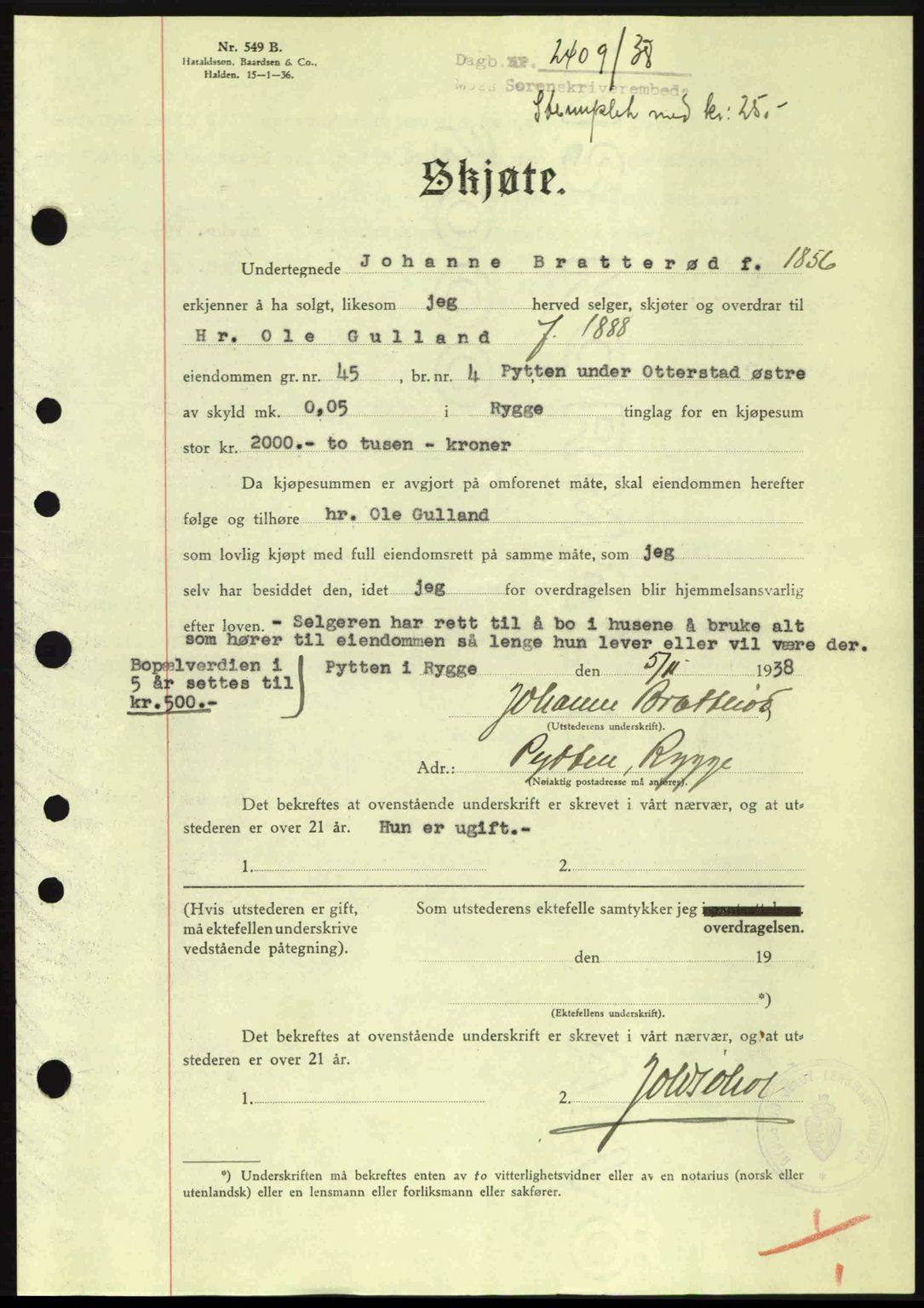 Moss sorenskriveri, SAO/A-10168: Mortgage book no. A5, 1938-1939, Diary no: : 2409/1938