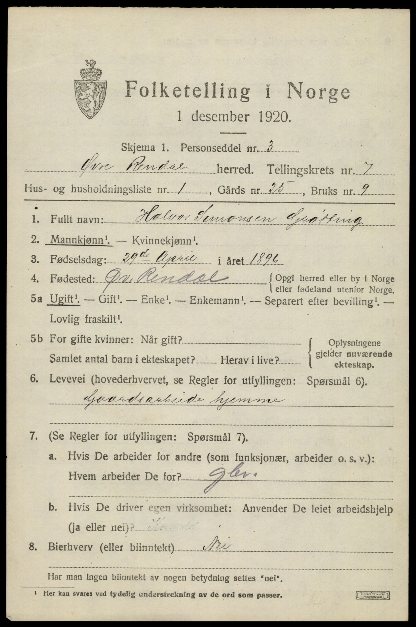 SAH, 1920 census for Øvre Rendal, 1920, p. 2453