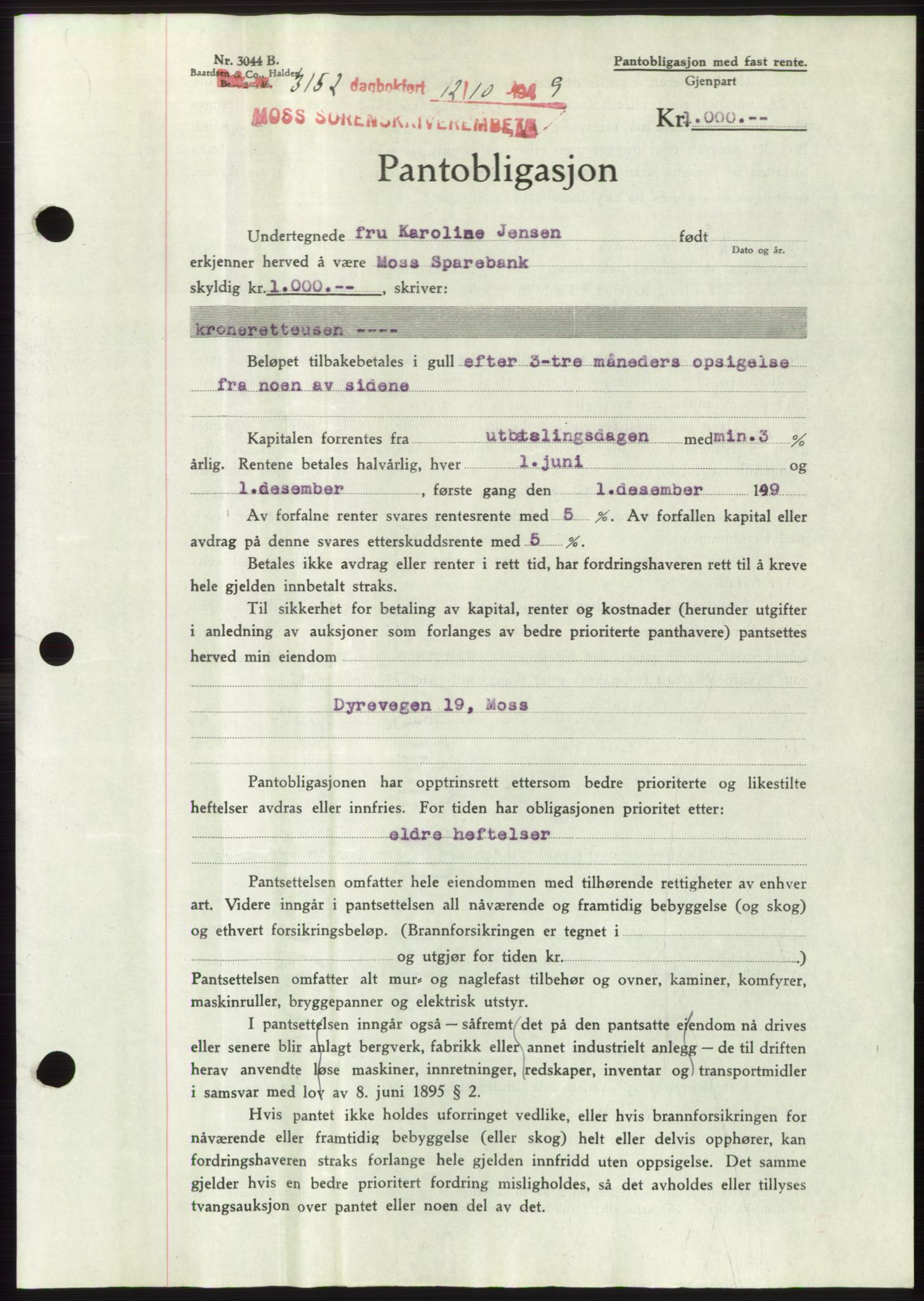 Moss sorenskriveri, SAO/A-10168: Mortgage book no. B23, 1949-1950, Diary no: : 3152/1949
