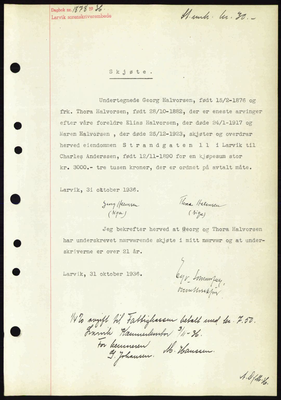 Larvik sorenskriveri, SAKO/A-83/G/Ga/Gab/L0067: Mortgage book no. A-1, 1936-1937, Diary no: : 1878/1936