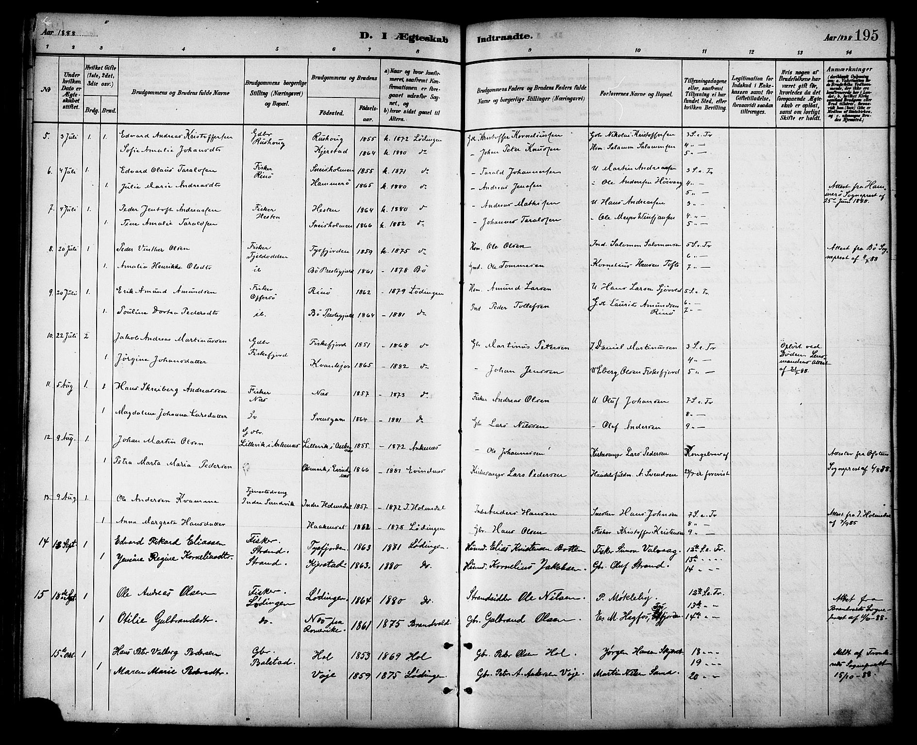 Ministerialprotokoller, klokkerbøker og fødselsregistre - Nordland, AV/SAT-A-1459/872/L1035: Parish register (official) no. 872A10, 1884-1896, p. 195