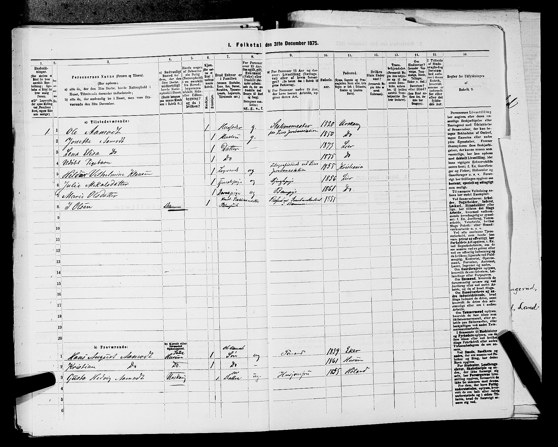 SAKO, 1875 census for 0626P Lier, 1875, p. 695