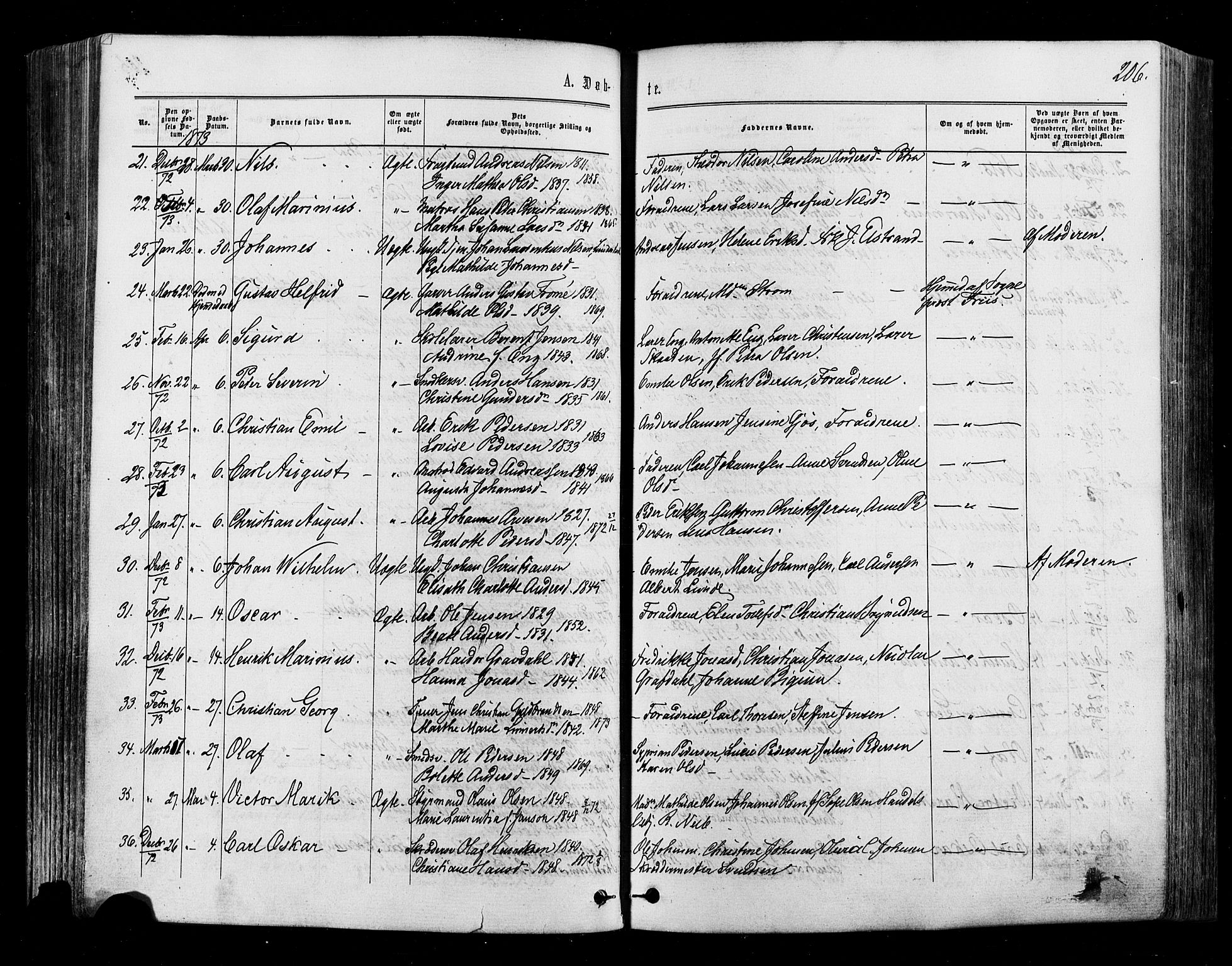 Halden prestekontor Kirkebøker, AV/SAO-A-10909/F/Fa/L0009: Parish register (official) no. I 9, 1866-1877, p. 206