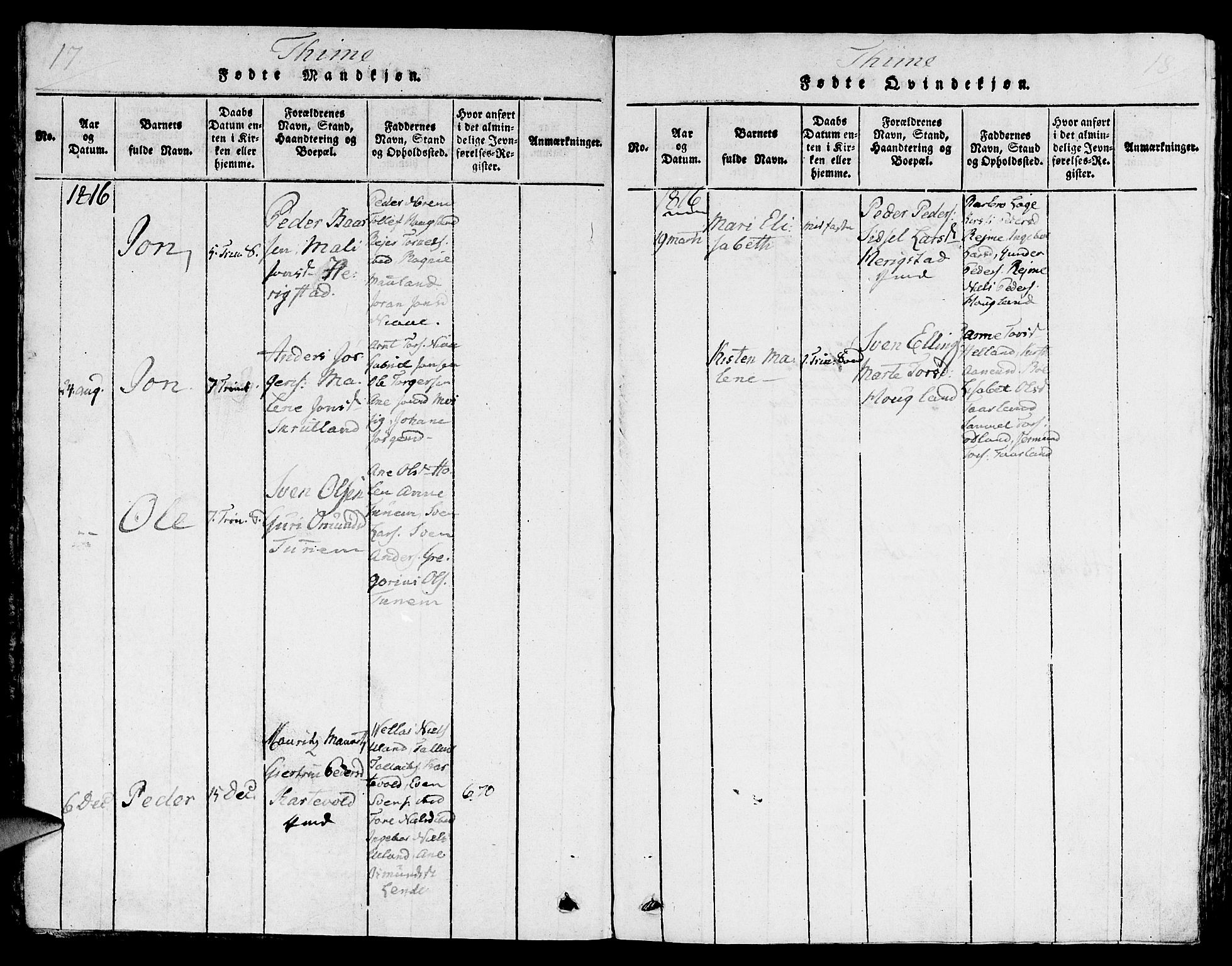 Lye sokneprestkontor, SAST/A-101794/001/30/30BA/L0003: Parish register (official) no. A 3 /1, 1816-1826, p. 17-18