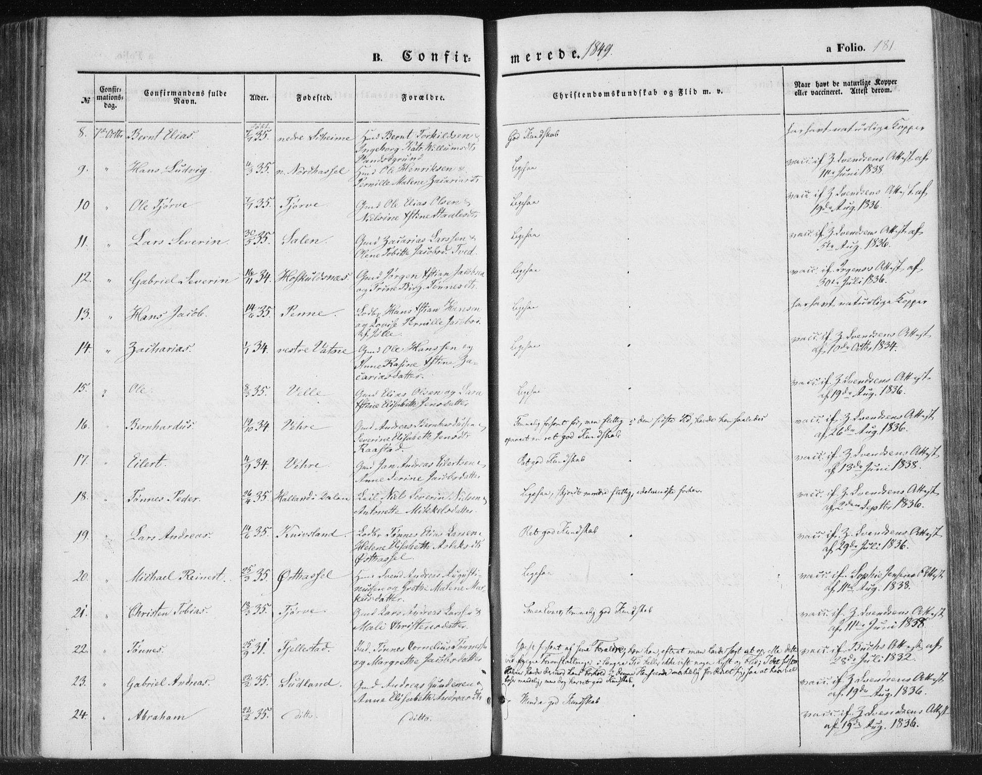 Lista sokneprestkontor, AV/SAK-1111-0027/F/Fa/L0010: Parish register (official) no. A 10, 1846-1861, p. 181