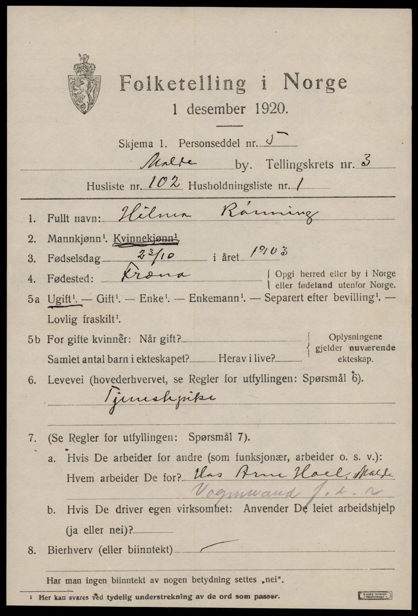 SAT, 1920 census for Molde, 1920, p. 5143