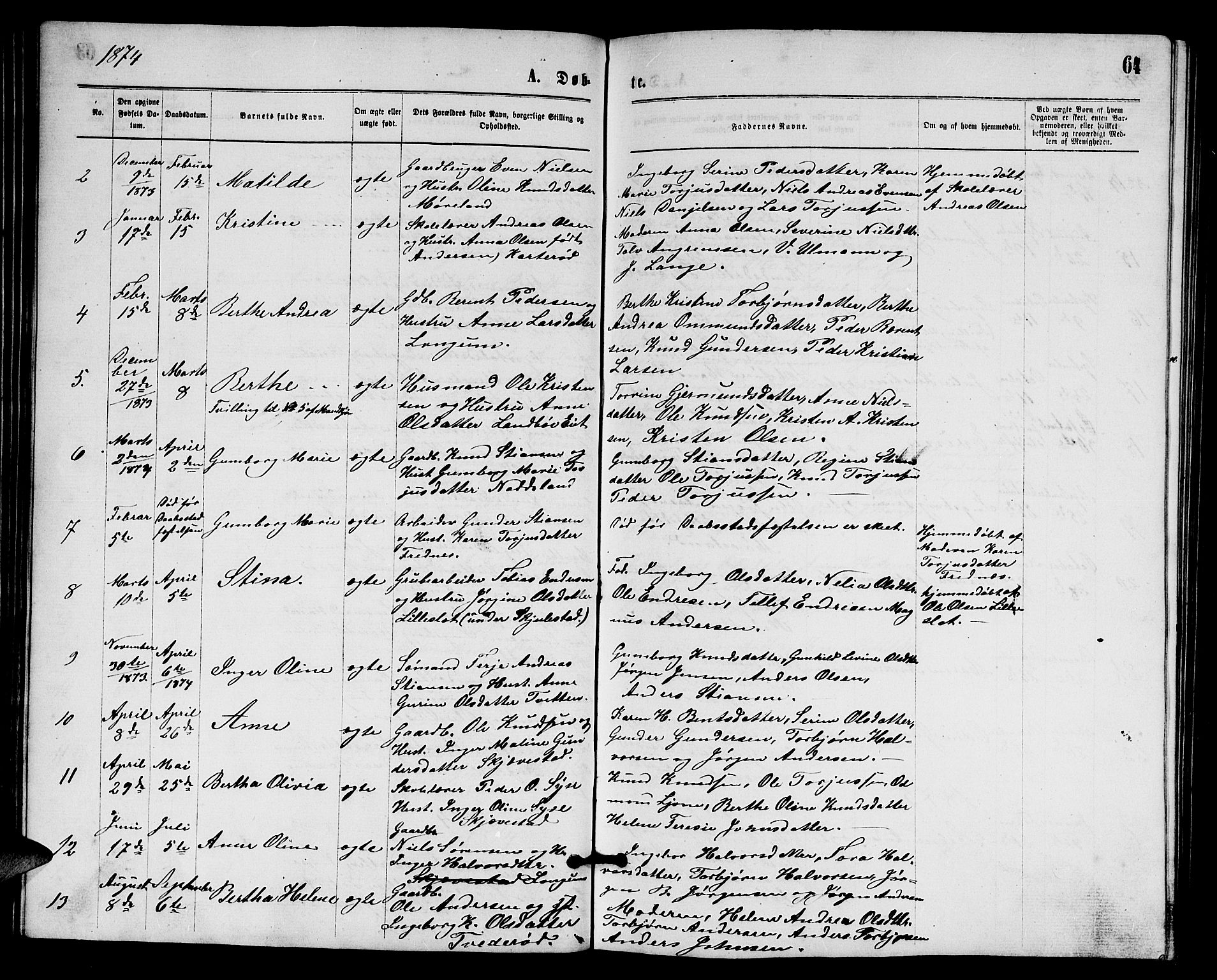 Austre Moland sokneprestkontor, SAK/1111-0001/F/Fb/Fba/L0002: Parish register (copy) no. B 2, 1869-1879, p. 64
