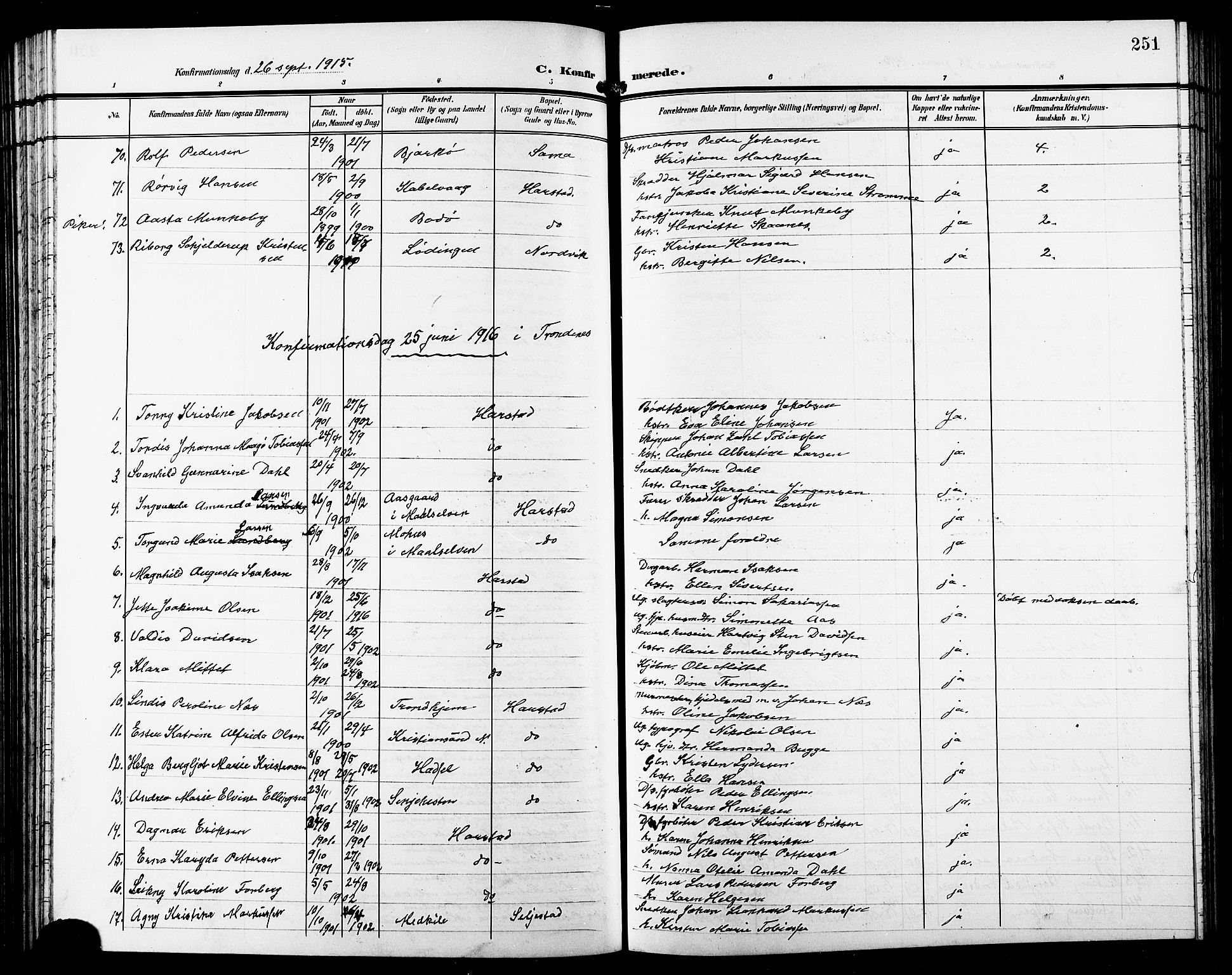 Trondenes sokneprestkontor, SATØ/S-1319/H/Hb/L0012klokker: Parish register (copy) no. 12, 1907-1916, p. 251