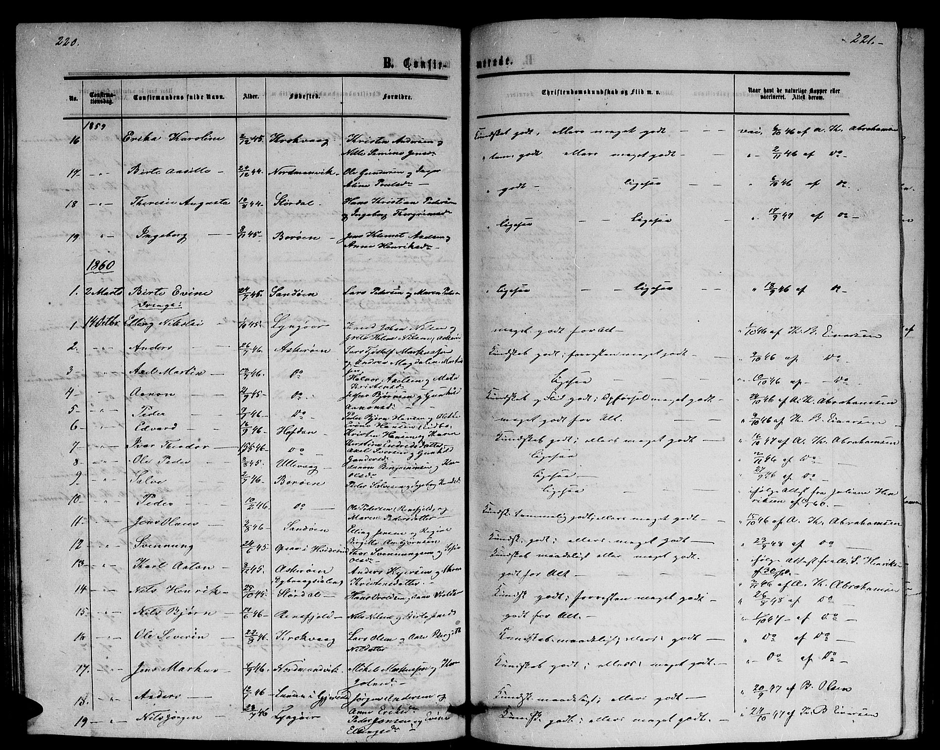 Dypvåg sokneprestkontor, SAK/1111-0007/F/Fb/Fba/L0011: Parish register (copy) no. B 11, 1857-1872, p. 220-221