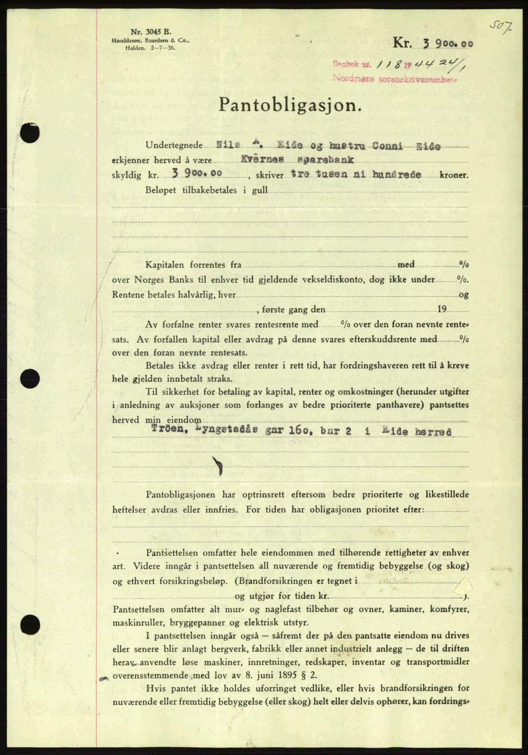 Nordmøre sorenskriveri, AV/SAT-A-4132/1/2/2Ca: Mortgage book no. B91, 1943-1944, Diary no: : 118/1944