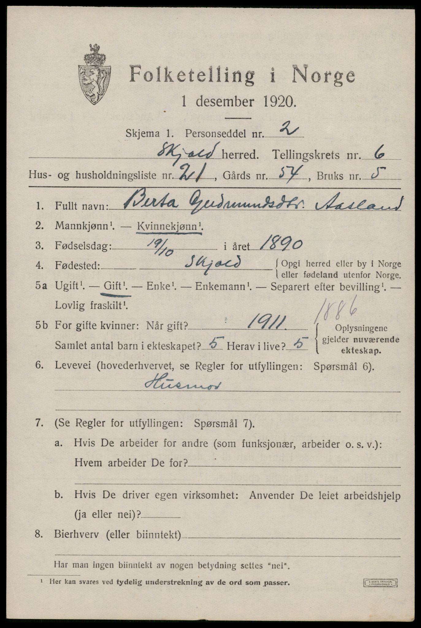 SAST, 1920 census for Skjold, 1920, p. 3350