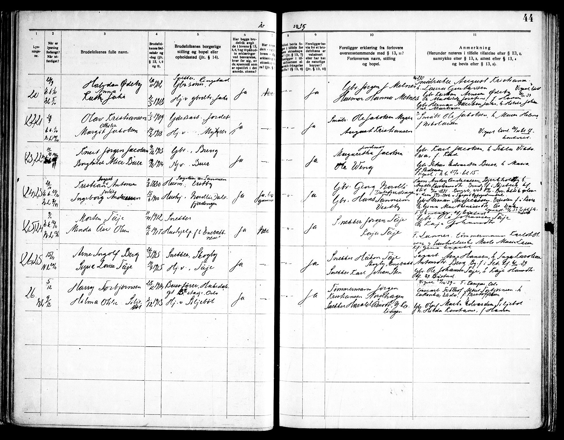 Enebakk prestekontor Kirkebøker, SAO/A-10171c/H/Ha/L0001: Banns register no. 1, 1919-1958, p. 44