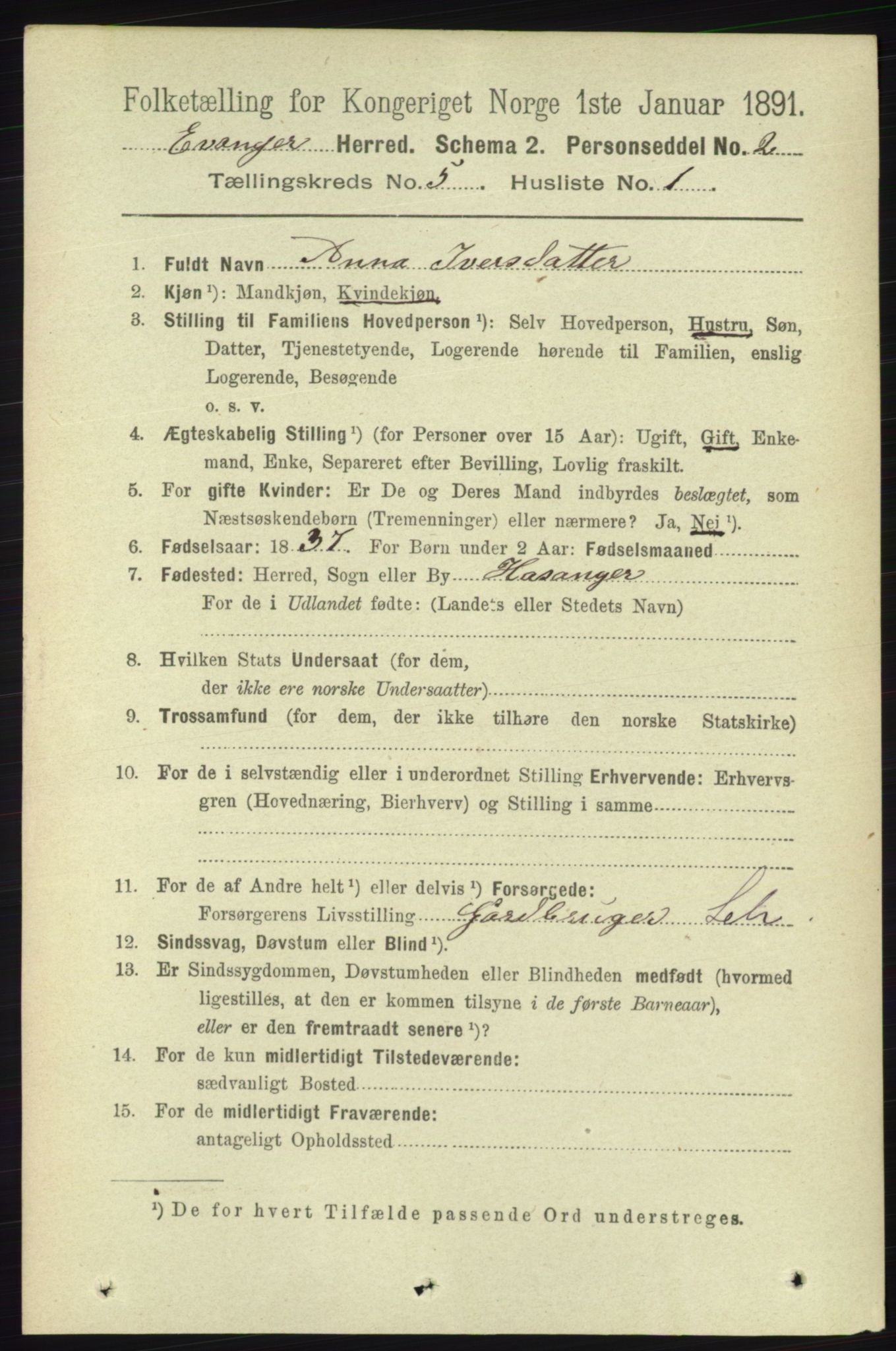 RA, 1891 census for 1237 Evanger, 1891, p. 1390