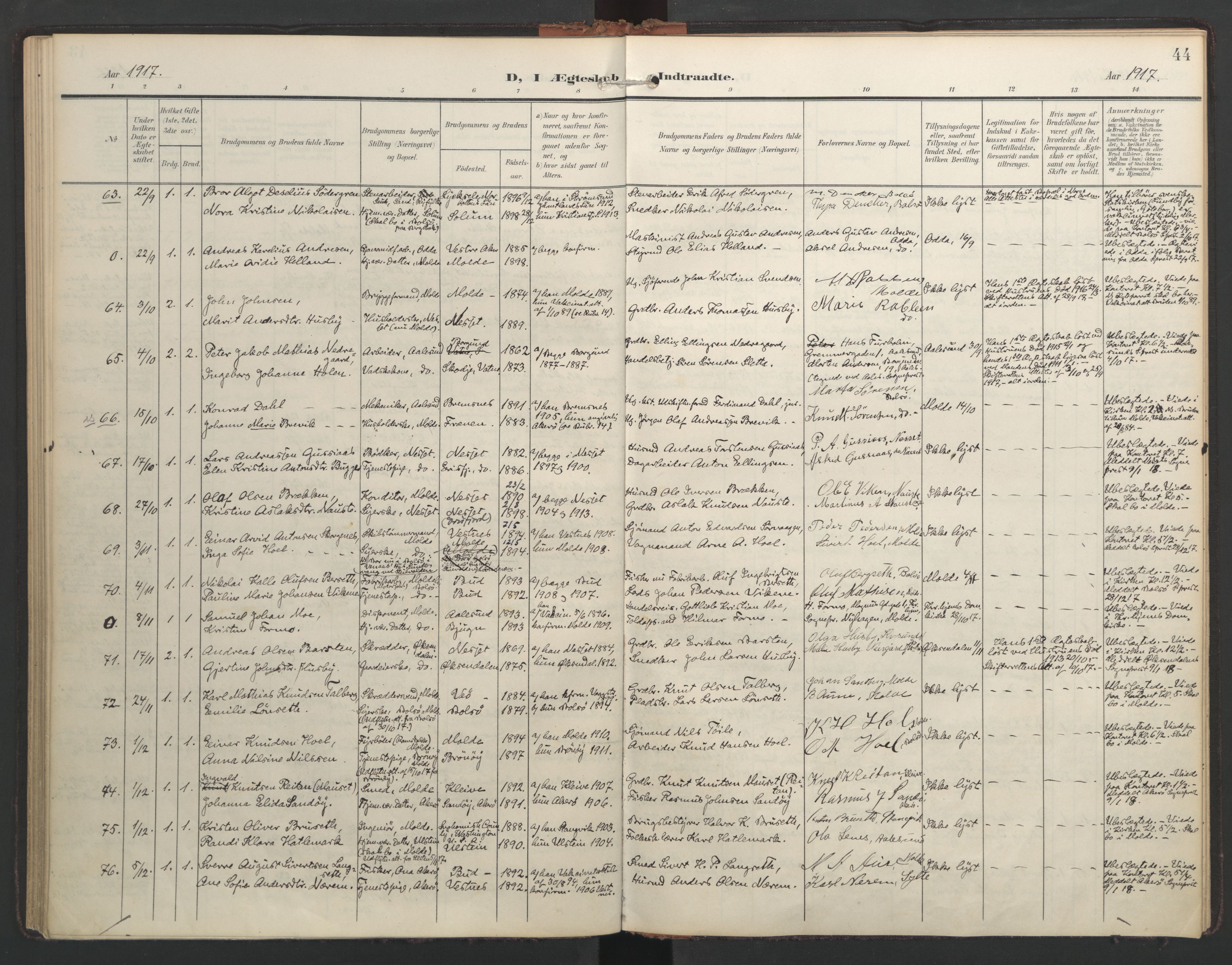 Ministerialprotokoller, klokkerbøker og fødselsregistre - Møre og Romsdal, AV/SAT-A-1454/558/L0694: Parish register (official) no. 558A08, 1907-1922, p. 44