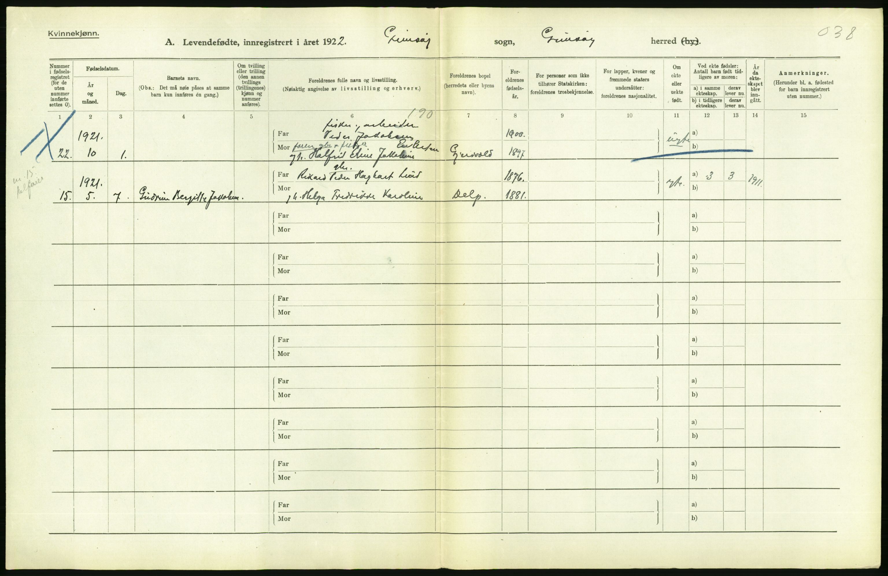 Statistisk sentralbyrå, Sosiodemografiske emner, Befolkning, AV/RA-S-2228/D/Df/Dfc/Dfca/L0049: Nordland fylke: Levendefødte menn og kvinner. Bygder., 1921, p. 316