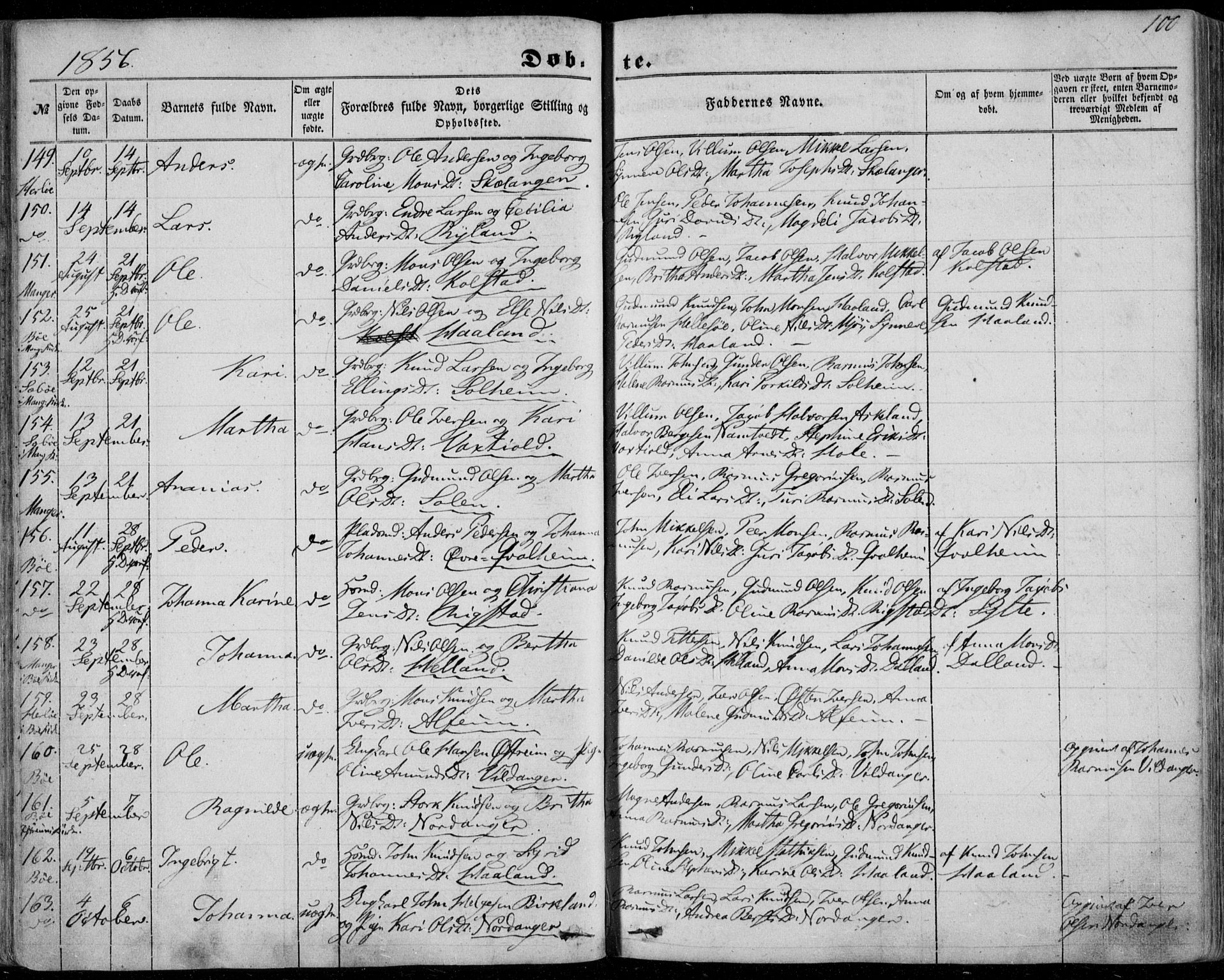 Manger sokneprestembete, SAB/A-76801/H/Haa: Parish register (official) no. A 6, 1849-1859, p. 100