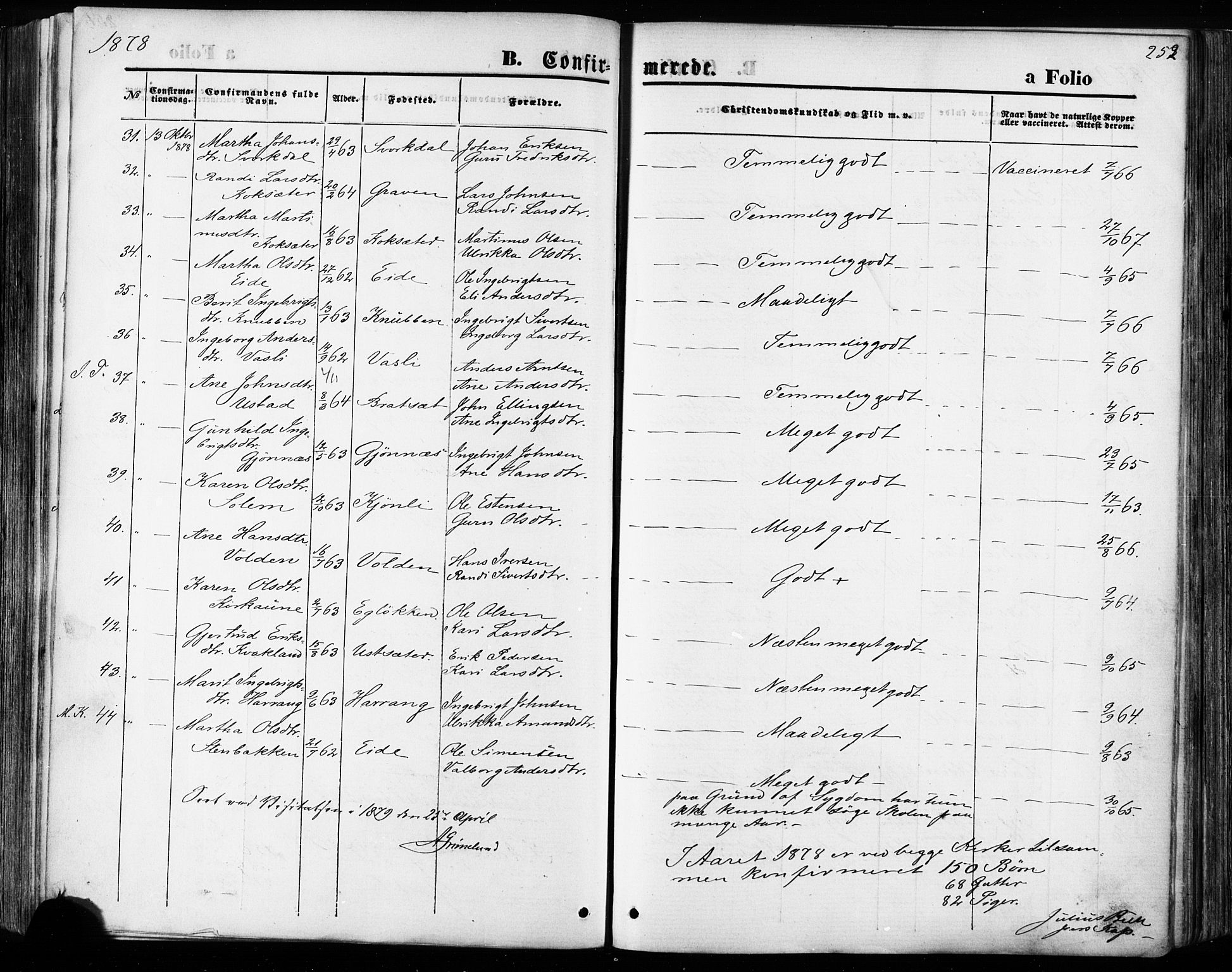 Ministerialprotokoller, klokkerbøker og fødselsregistre - Sør-Trøndelag, SAT/A-1456/668/L0807: Parish register (official) no. 668A07, 1870-1880, p. 252
