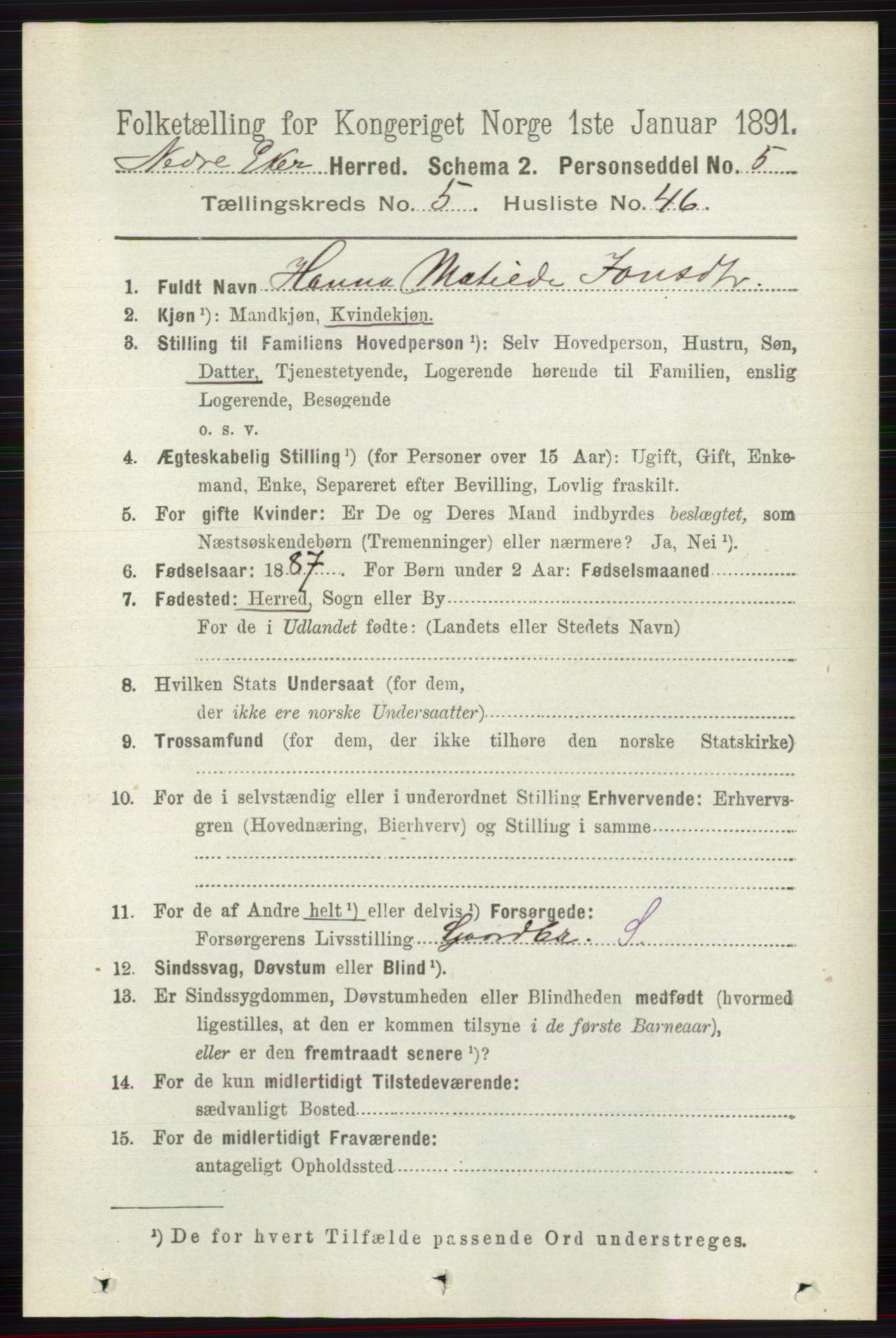RA, 1891 census for 0625 Nedre Eiker, 1891, p. 2598