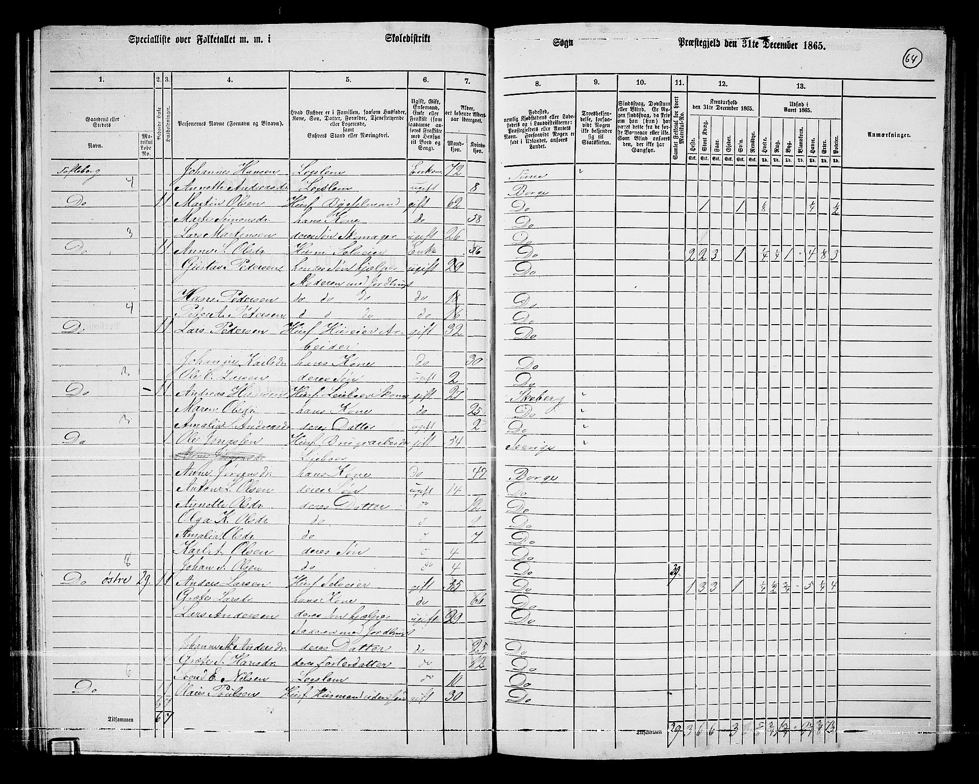 RA, 1865 census for Borge, 1865, p. 62