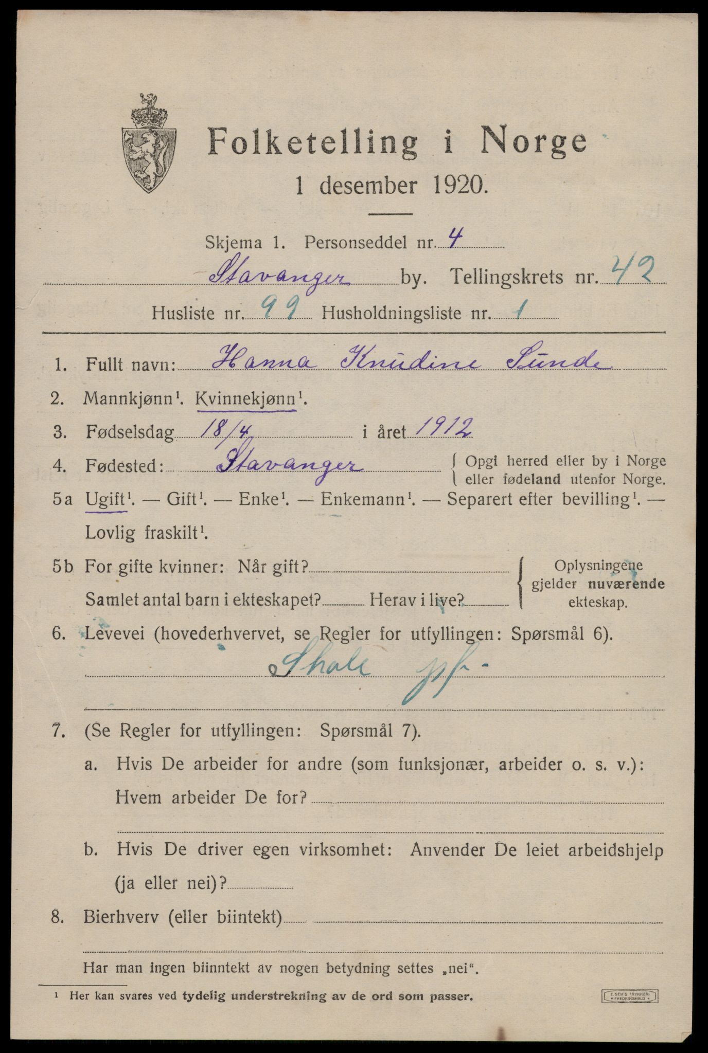 SAST, 1920 census for Stavanger, 1920, p. 106790