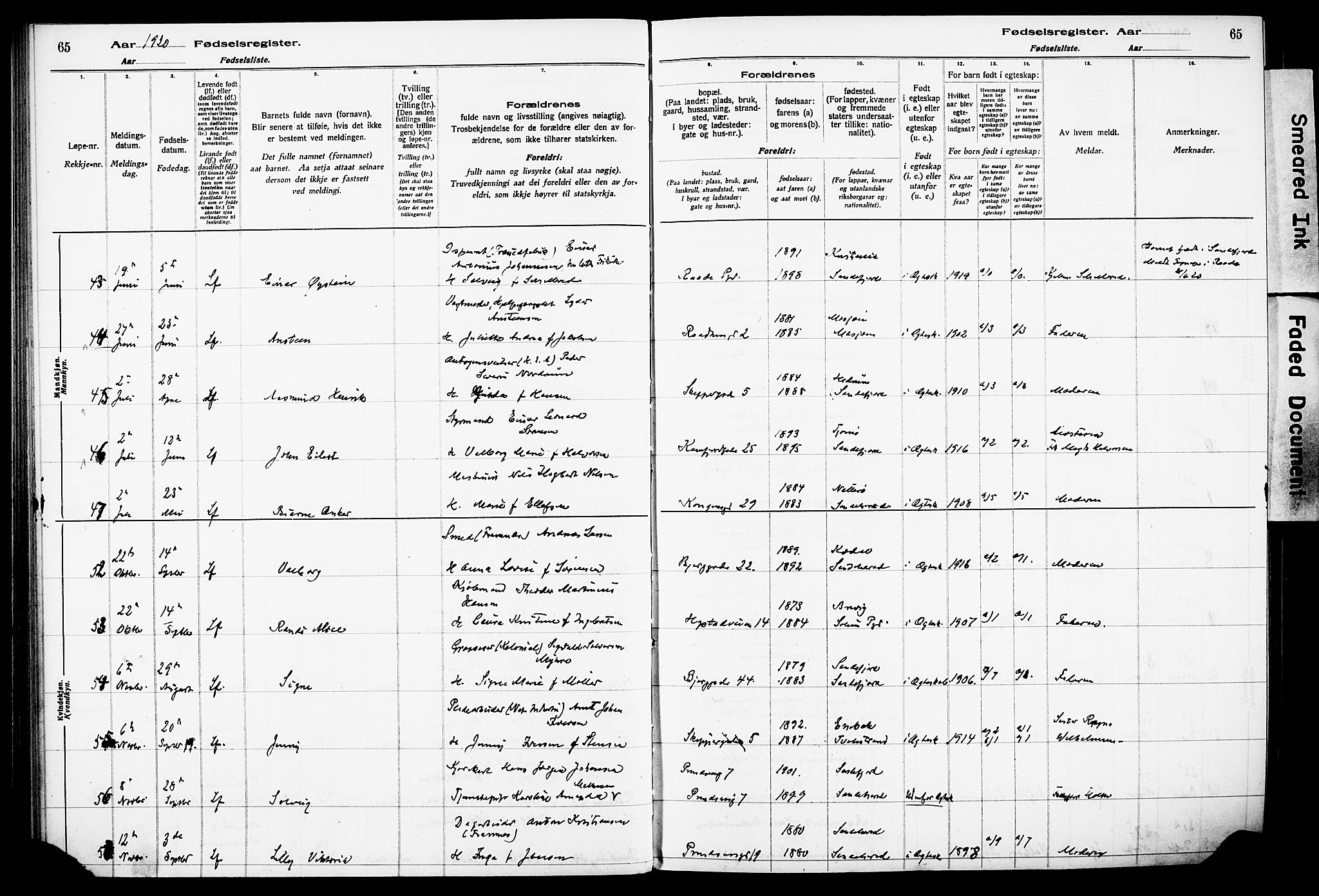 Sandefjord kirkebøker, AV/SAKO-A-315/J/Ja/L0001: Birth register no. 1, 1916-1932, p. 65