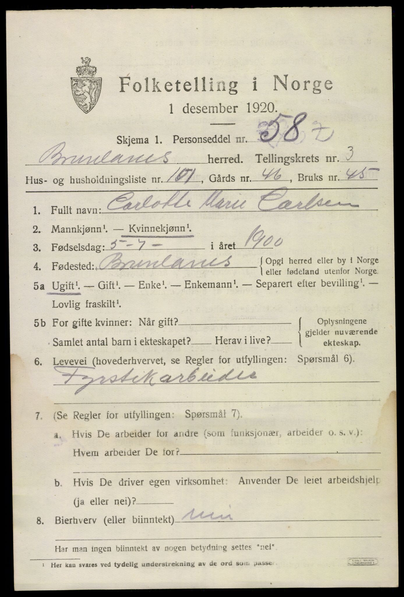 SAKO, 1920 census for Brunlanes, 1920, p. 6083