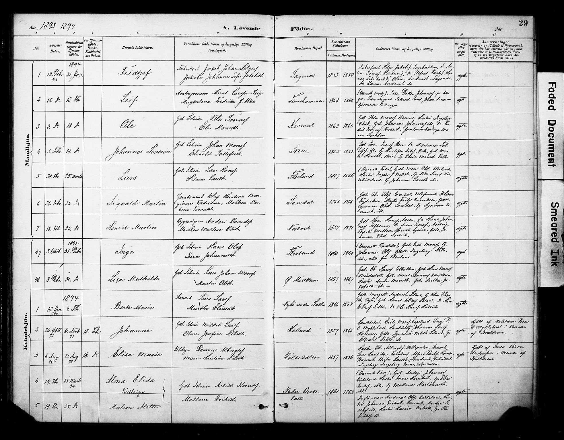 Fana Sokneprestembete, SAB/A-75101/H/Haa/Haab/L0002: Parish register (official) no. B 2, 1890-1897, p. 29