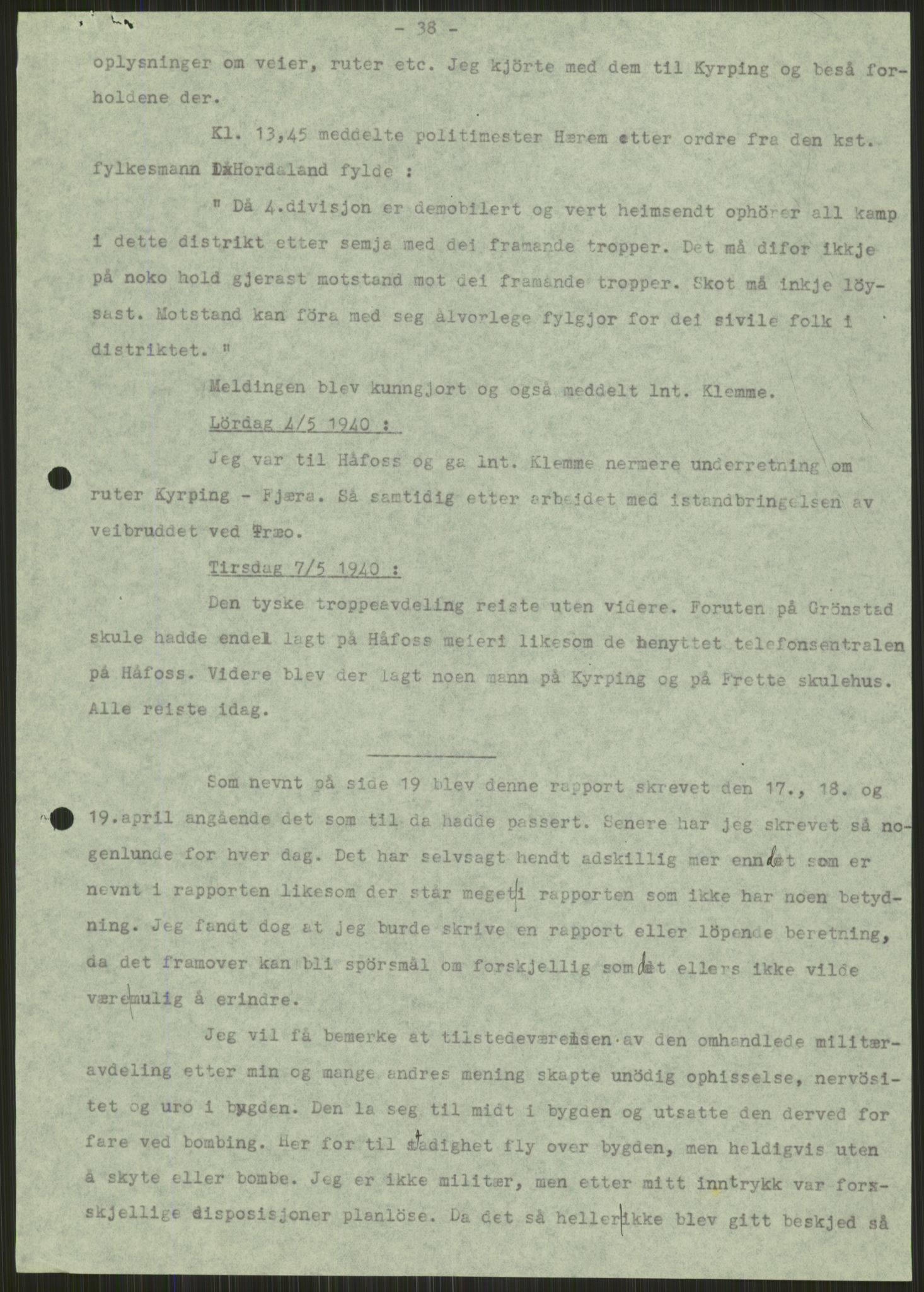 Forsvaret, Forsvarets krigshistoriske avdeling, AV/RA-RAFA-2017/Y/Ya/L0015: II-C-11-31 - Fylkesmenn.  Rapporter om krigsbegivenhetene 1940., 1940, p. 288