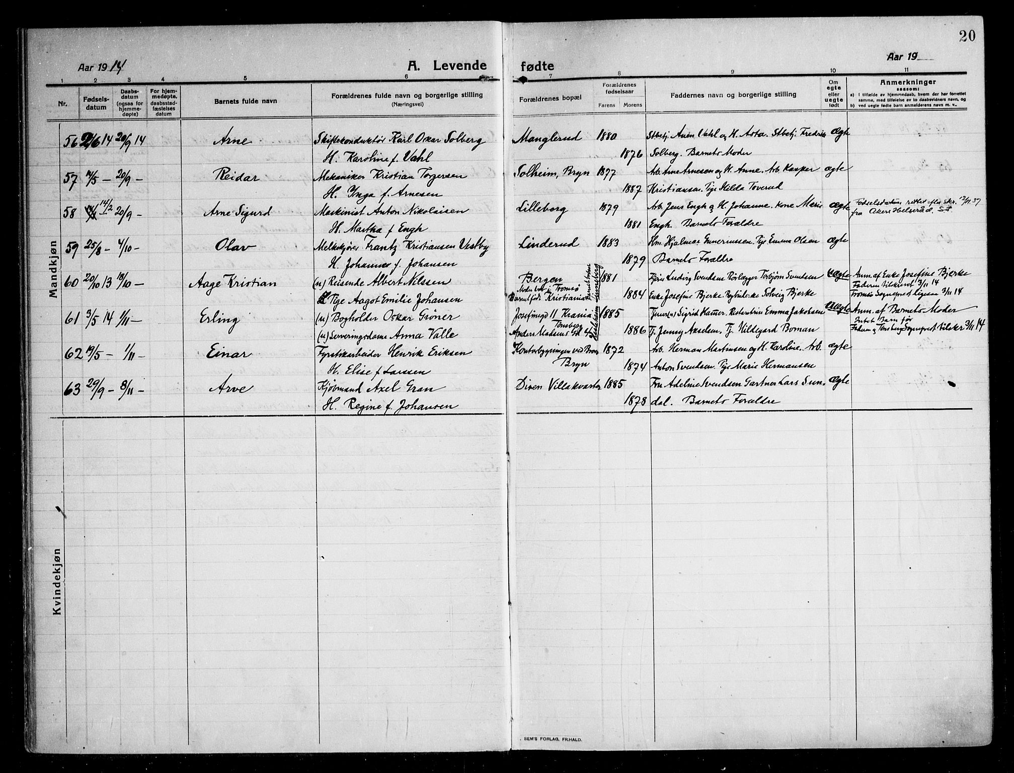 Østre Aker prestekontor Kirkebøker, AV/SAO-A-10840/F/Fa/L0012: Parish register (official) no. I 12, 1913-1924, p. 20