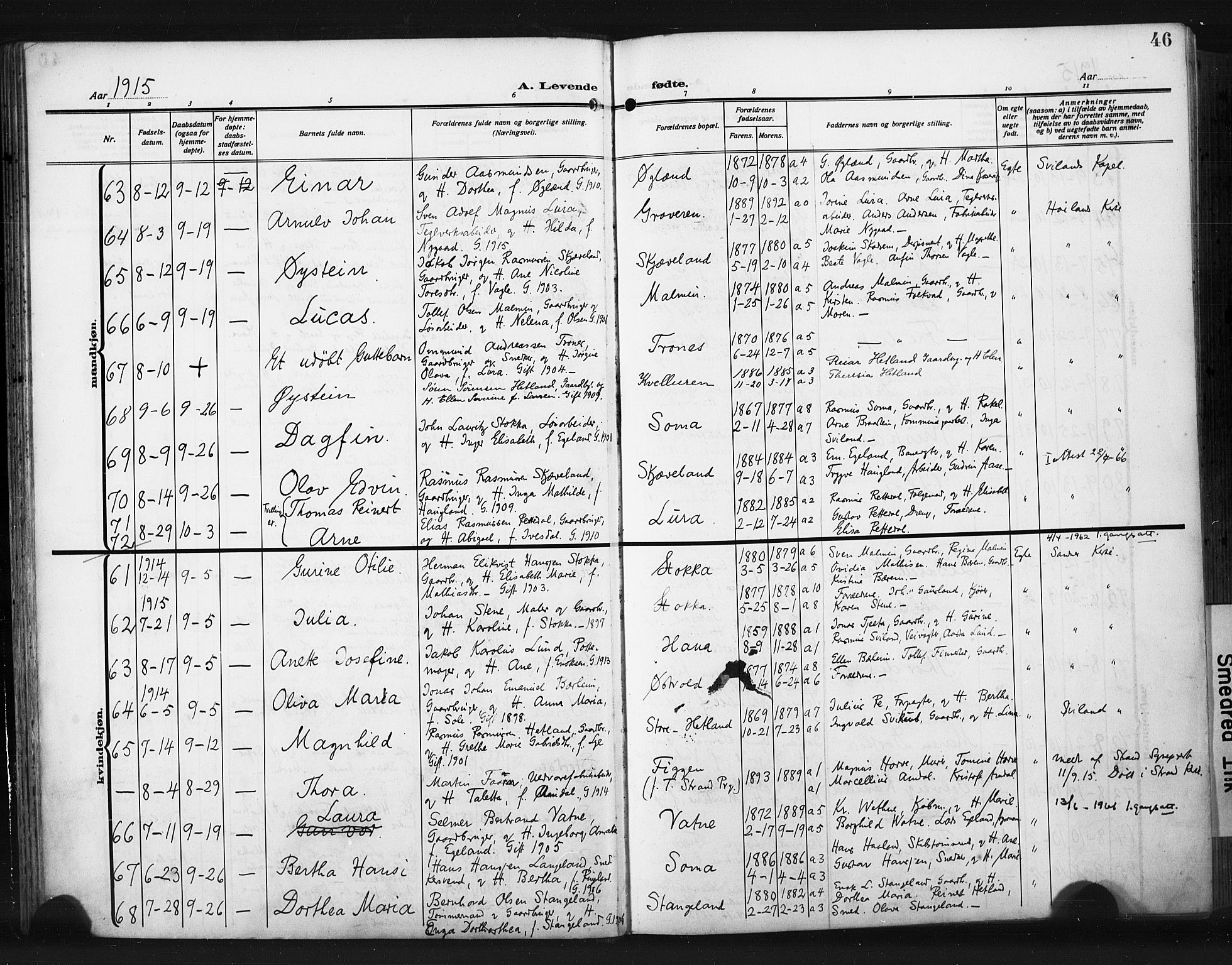 Høyland sokneprestkontor, AV/SAST-A-101799/001/30BA/L0017: Parish register (official) no. A 15, 1912-1924, p. 46