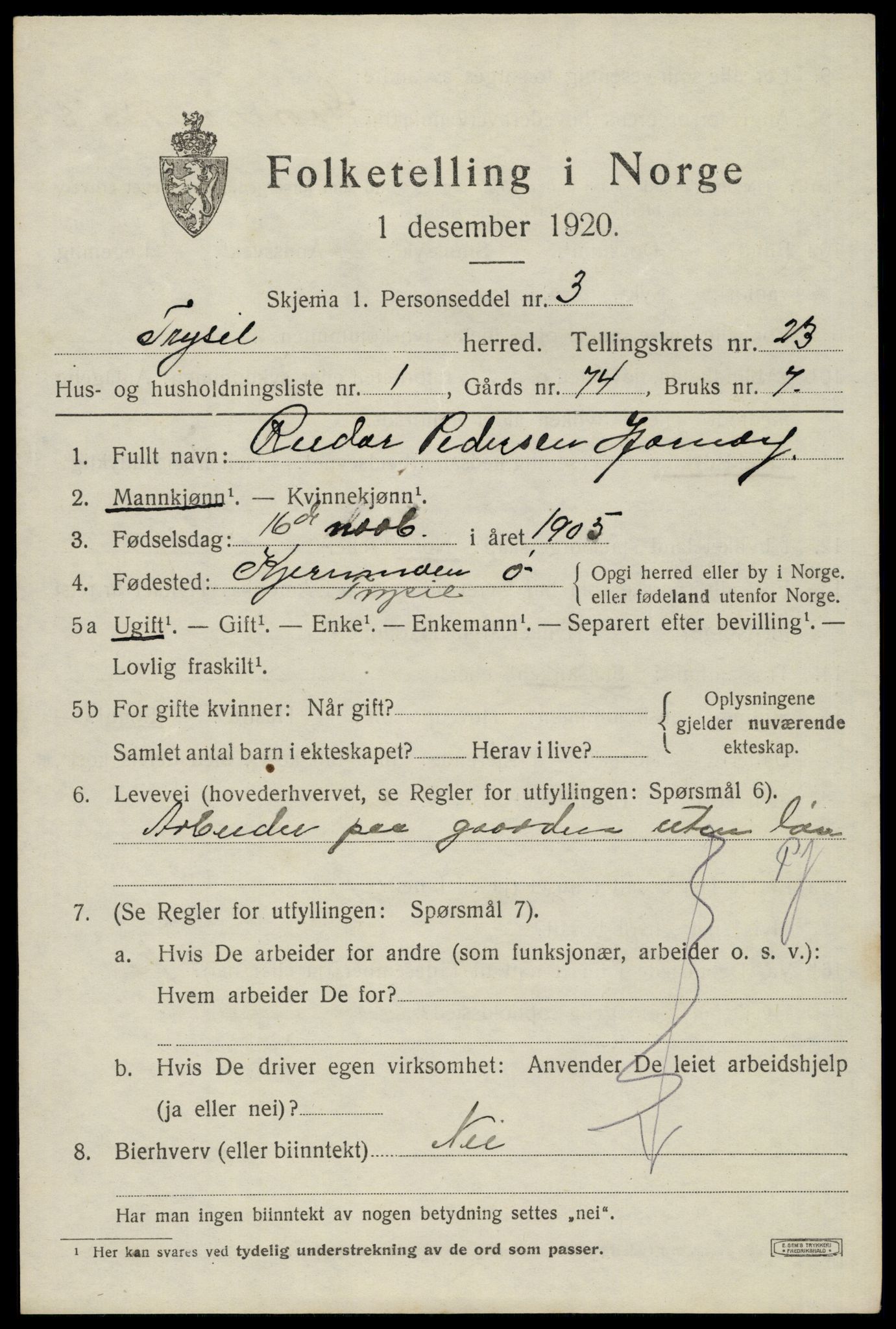 SAH, 1920 census for Trysil, 1920, p. 14851